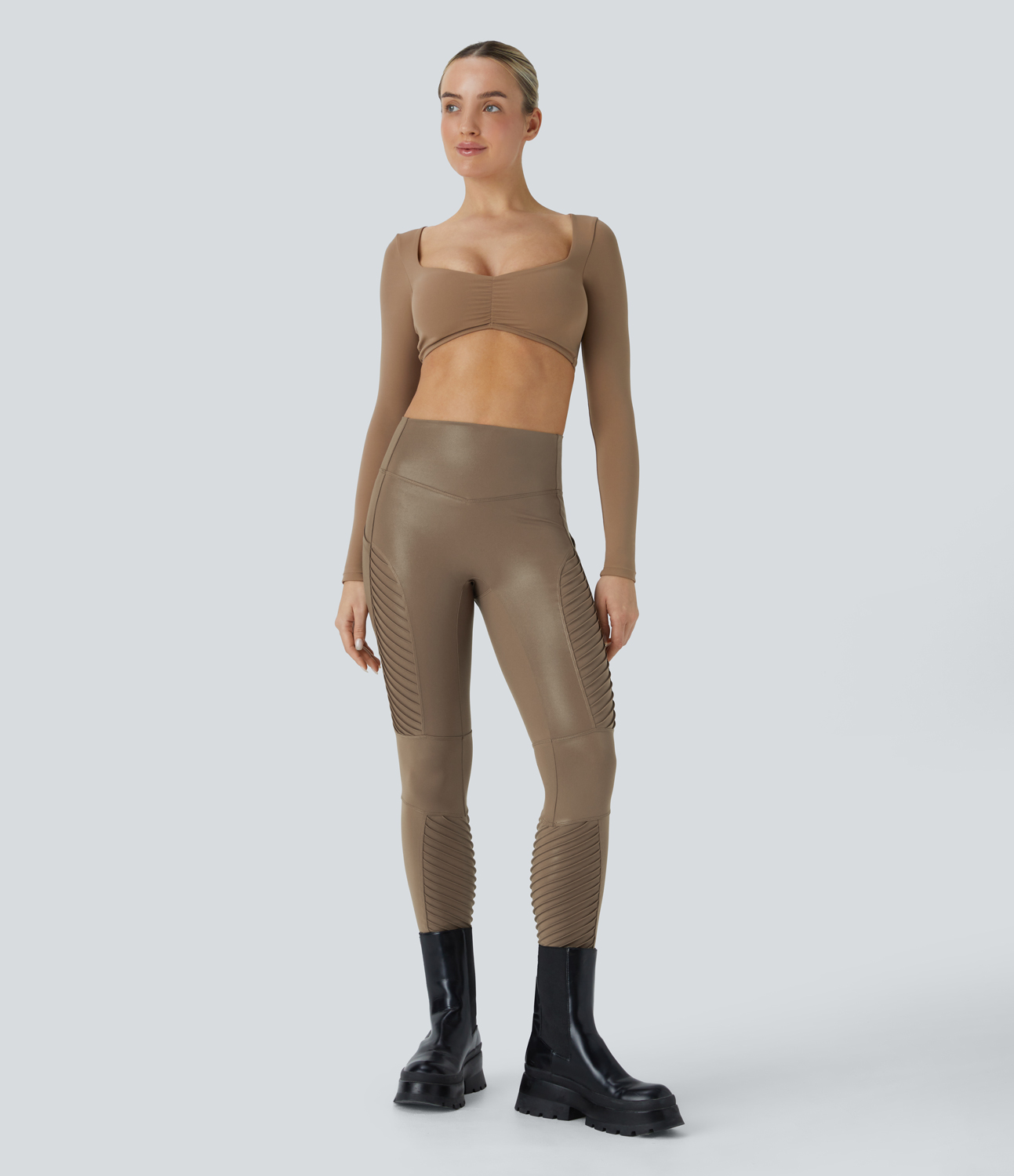 Halara Faux Leather High Waisted Side Pocket Shine Casual Moto Leggings  - Reddish Brown - L(7/8) gym leggings leggings with pockets 