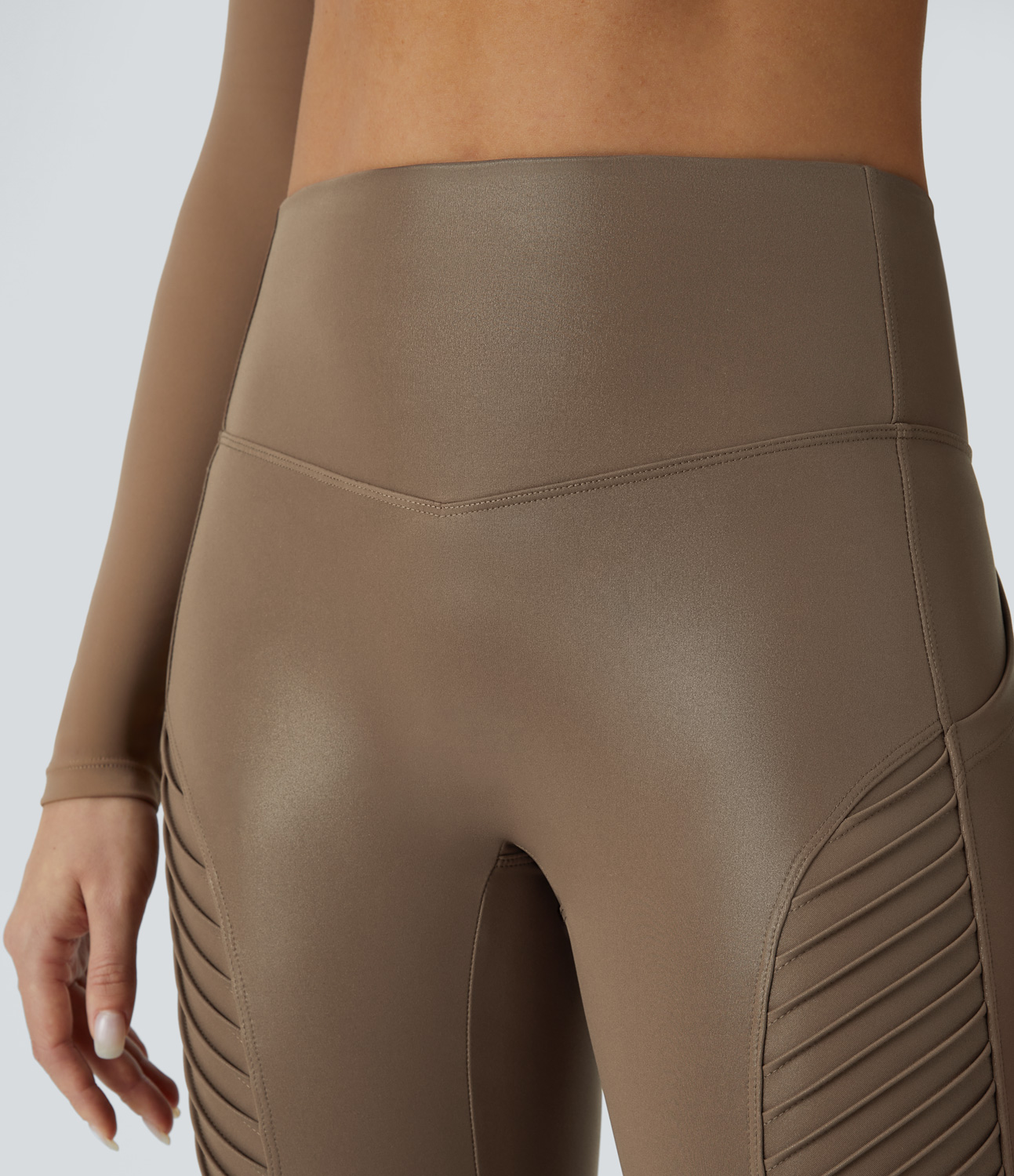 Halara Faux Leather High Waisted Side Pocket Shine Casual Moto Leggings  - Reddish Brown - L(7/8) gym leggings leggings with pockets 