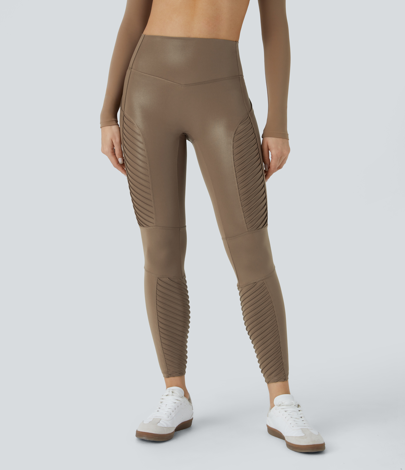 Halara Faux Leather High Waisted Side Pocket Shine Casual Moto Leggings  - Reddish Brown - L(7/8) gym leggings leggings with pockets 