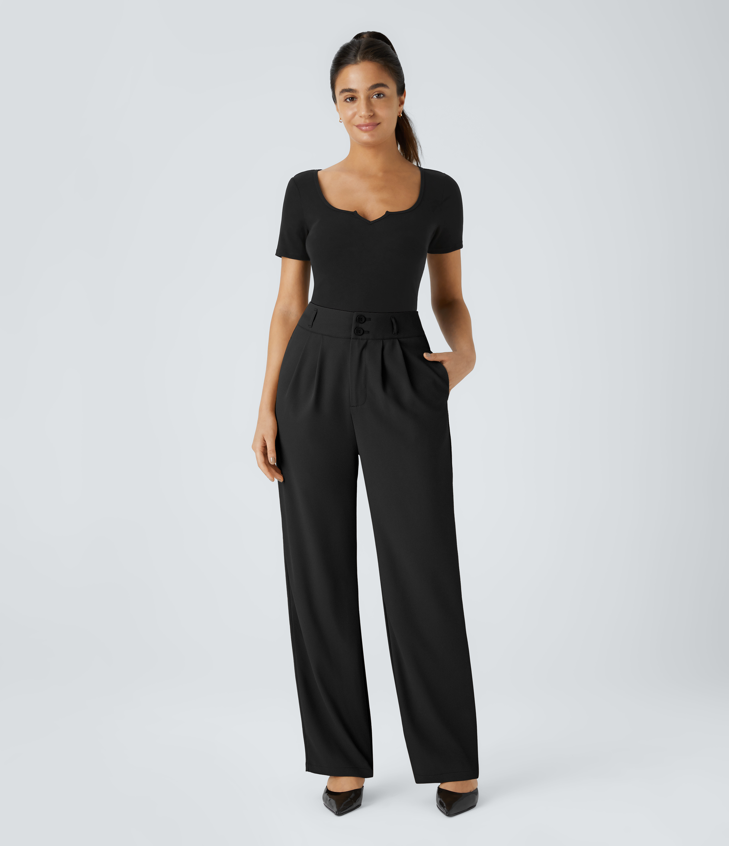 Halara High Waisted Button Zipper Side Pocket Shirred Straight Leg Work Pants  - Black - XS(petite) sweatpants jogger pants 