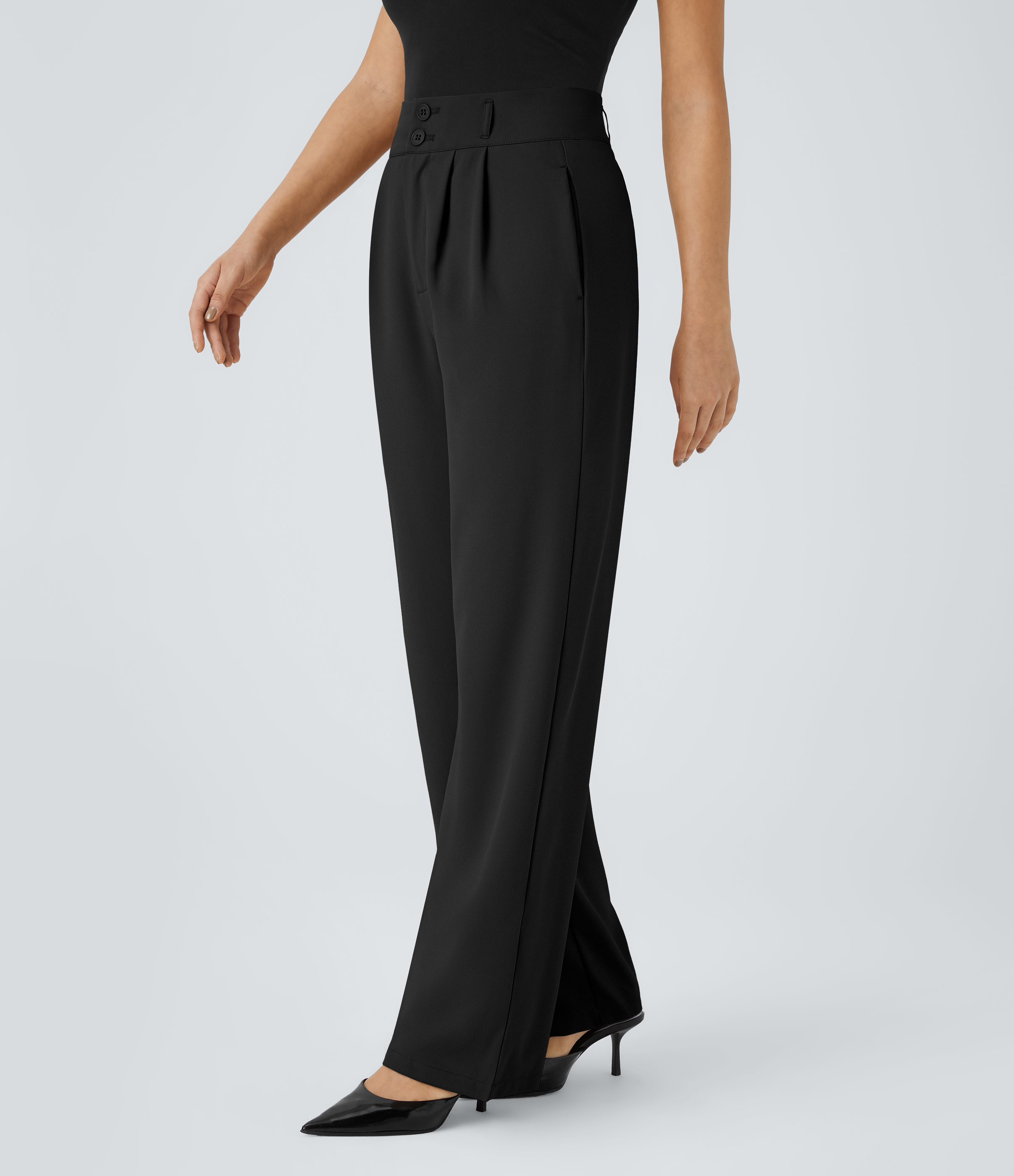 Halara High Waisted Button Zipper Side Pocket Shirred Straight Leg Work Pants  - Black - XS(petite) sweatpants jogger pants 