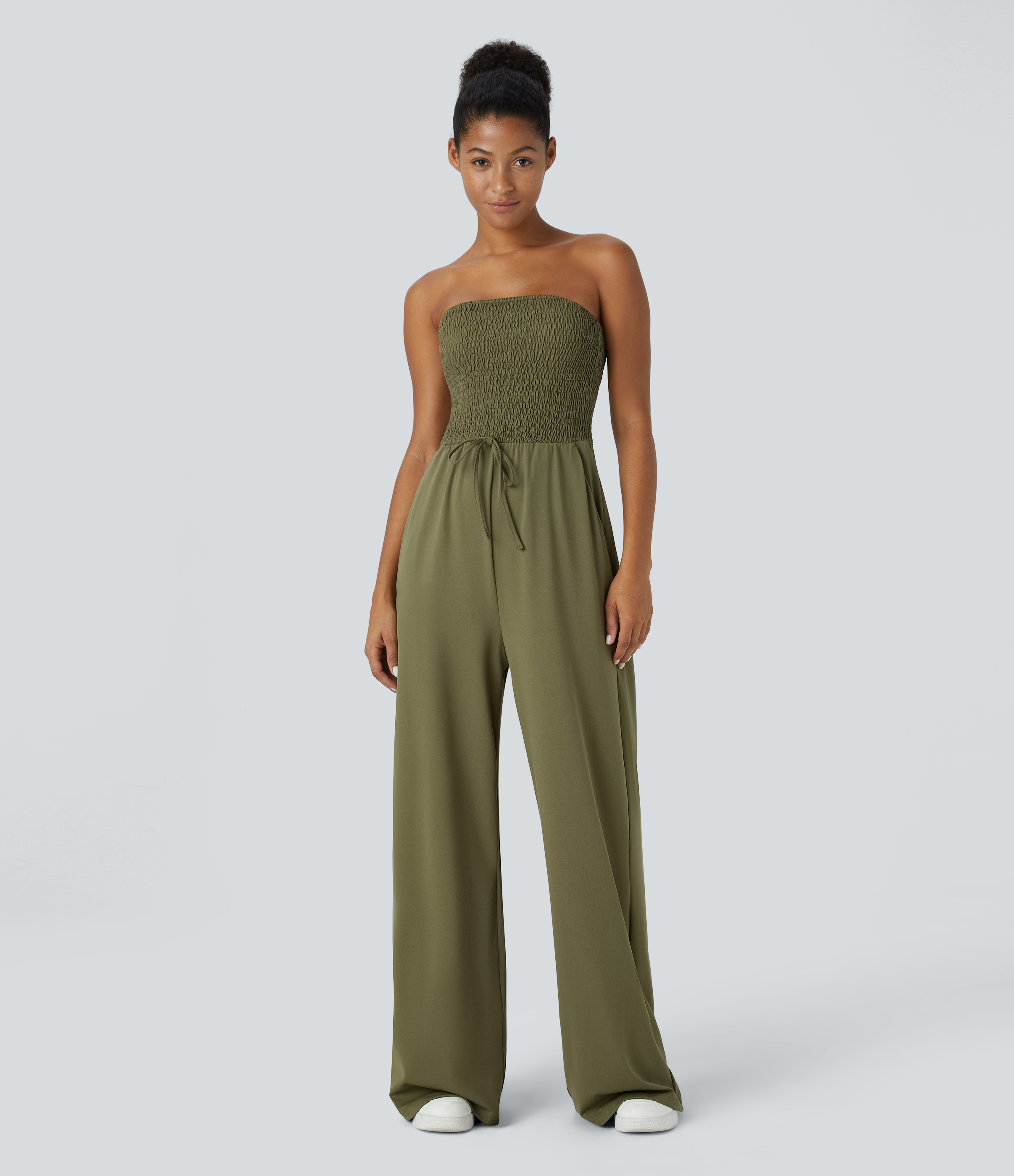 Tube backless pleated knot side pocket wide casual jumpsuit