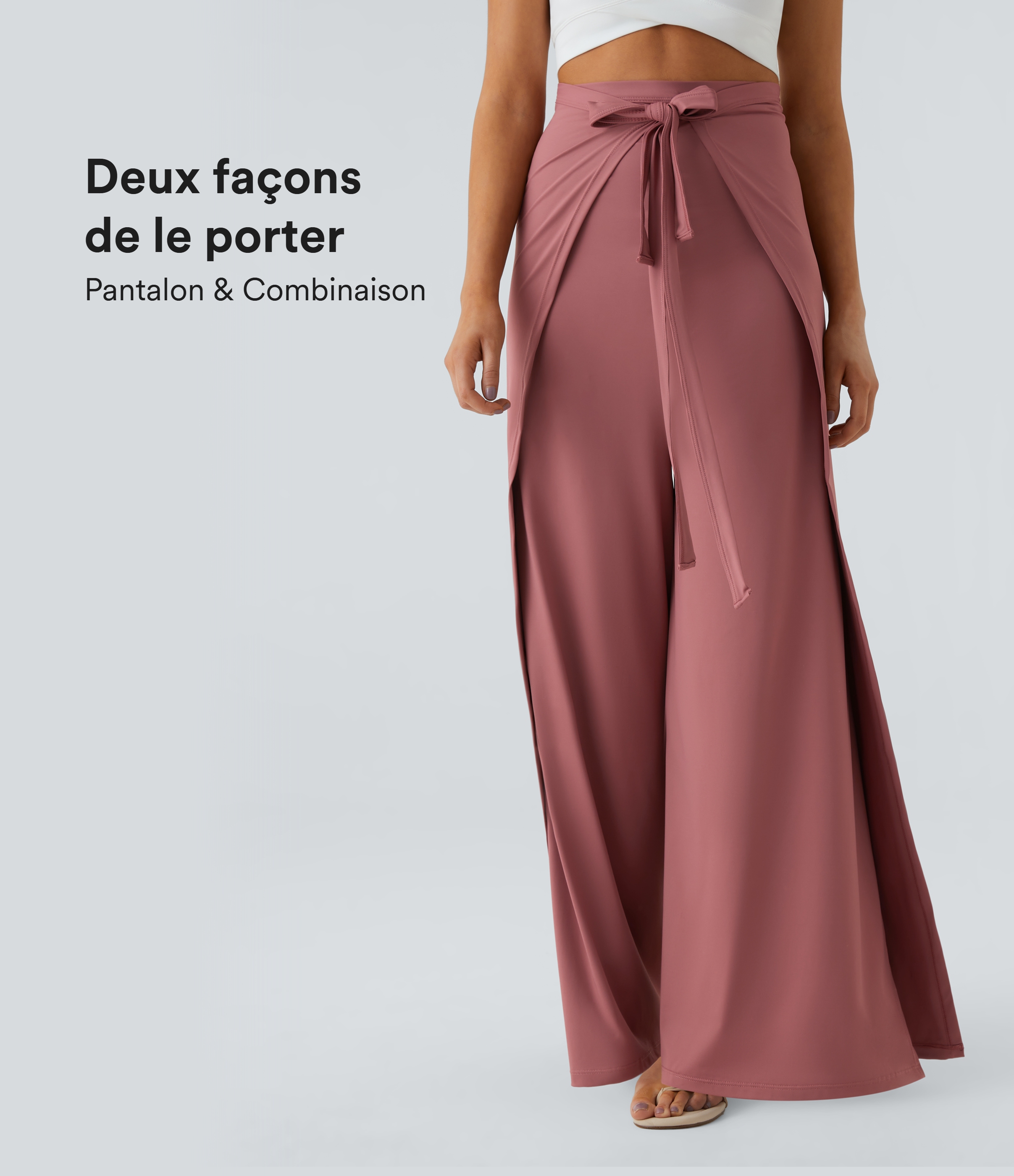 Pantalon décontracté palazzo large fluide, taille haute, avec cordon et ourlet