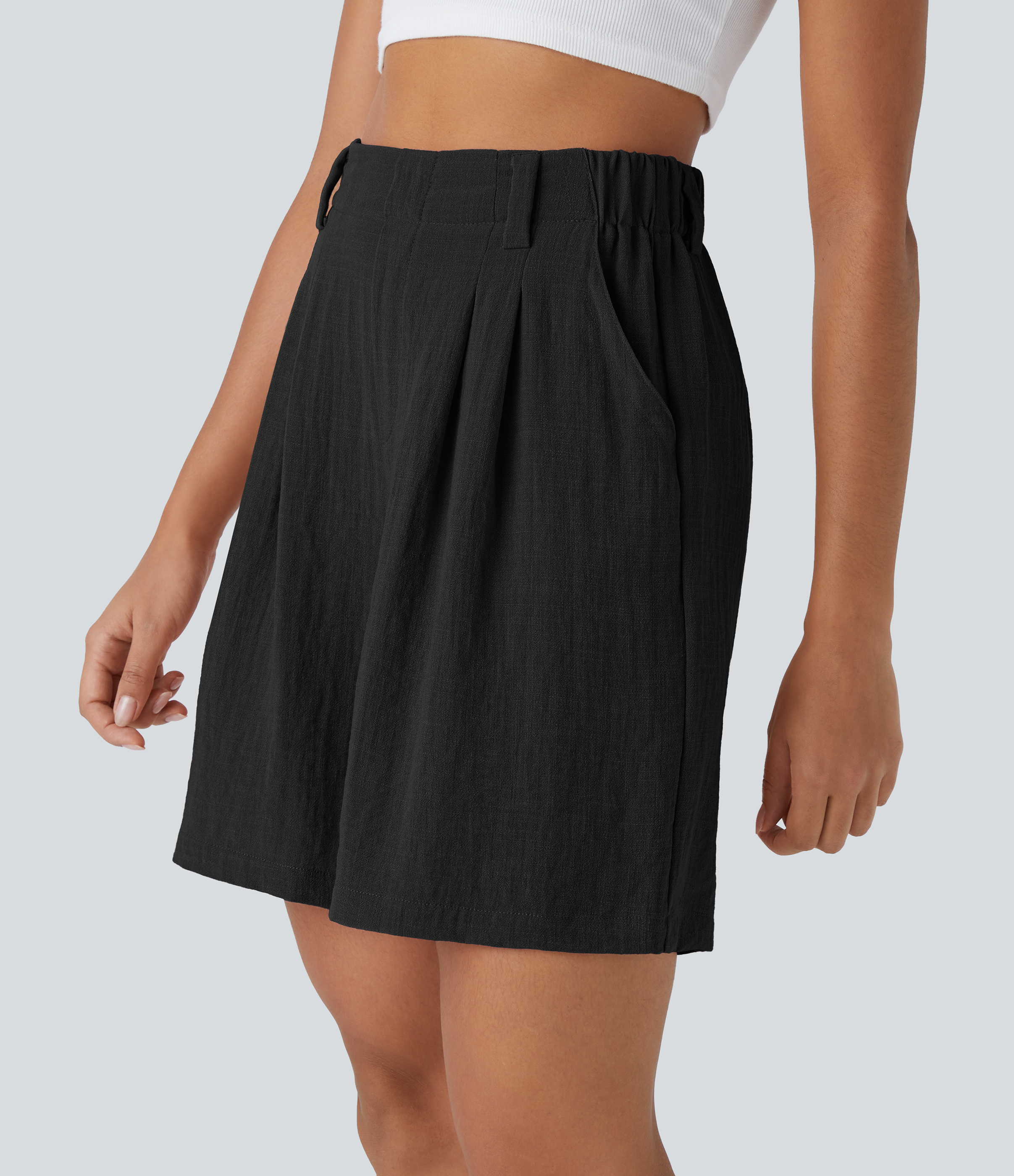 Halara High Waisted Plicated Side Pocket Wide Leg Casual Linen-Feel Bermuda Shorts  - Black - M 