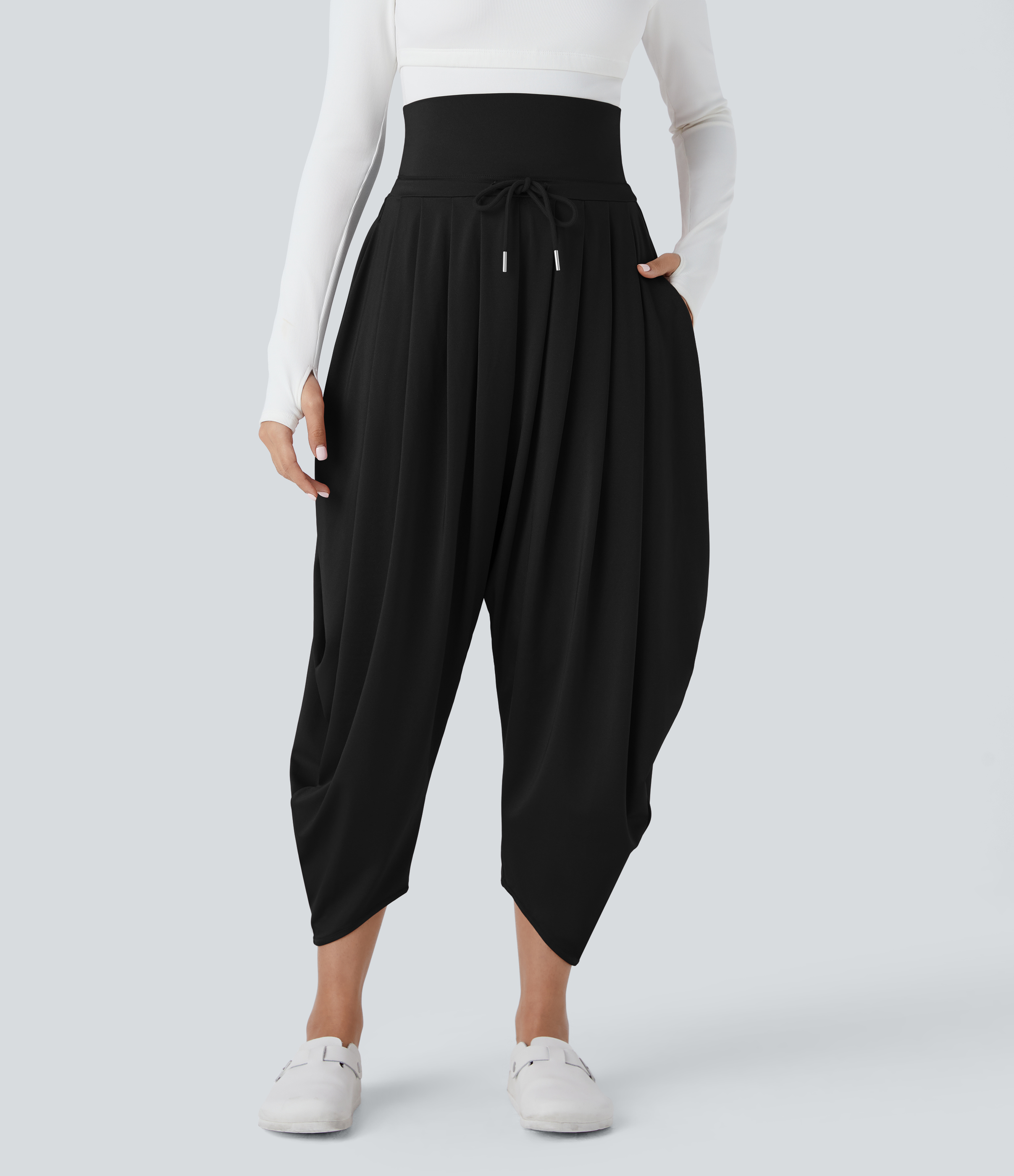 Halara High Waisted Drawstring Plicated Side Pocket Casual Joggers  - Black - XL(regular) 
