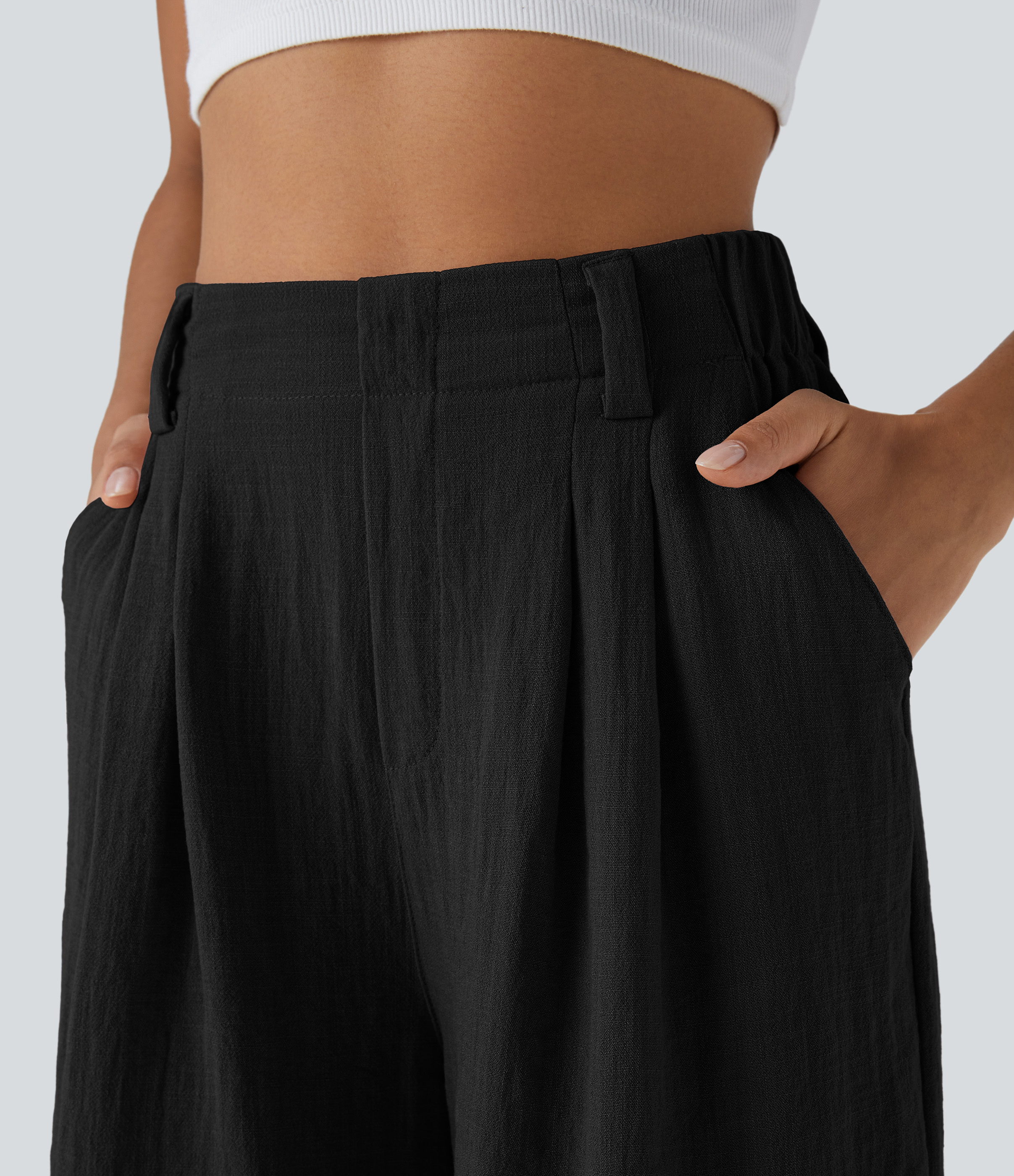Halara High Waisted Plicated Side Pocket Wide Leg Casual Linen-Feel Bermuda Shorts  - Black - M 