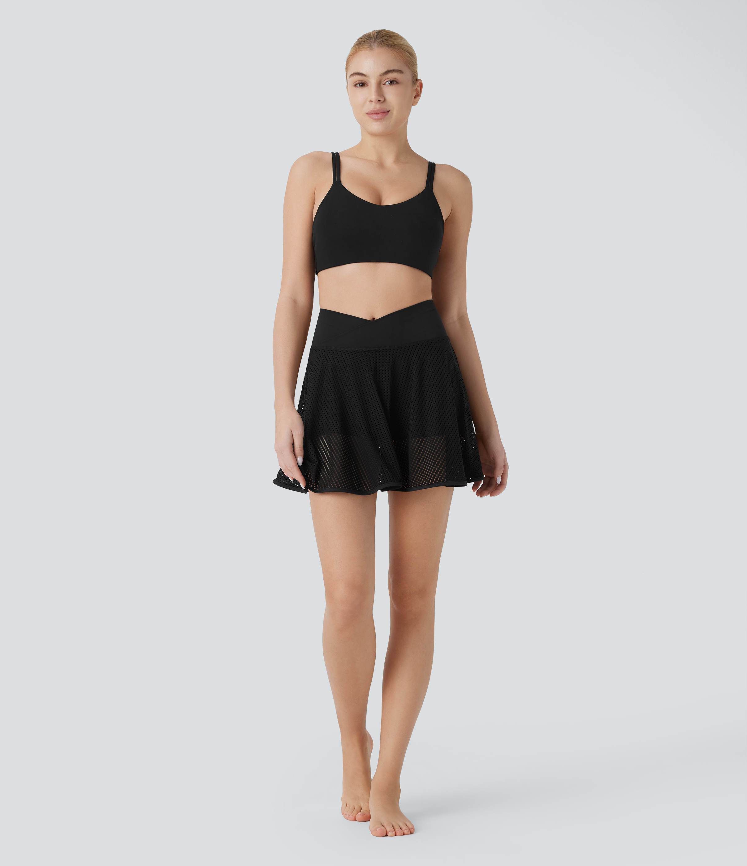 Halara Crossover High Waisted 2-in-1 Side Pocket Perforated Flare Mini Yoga Skirt  - Black - S(regular) midi skirt a line skirt golfing skirt 