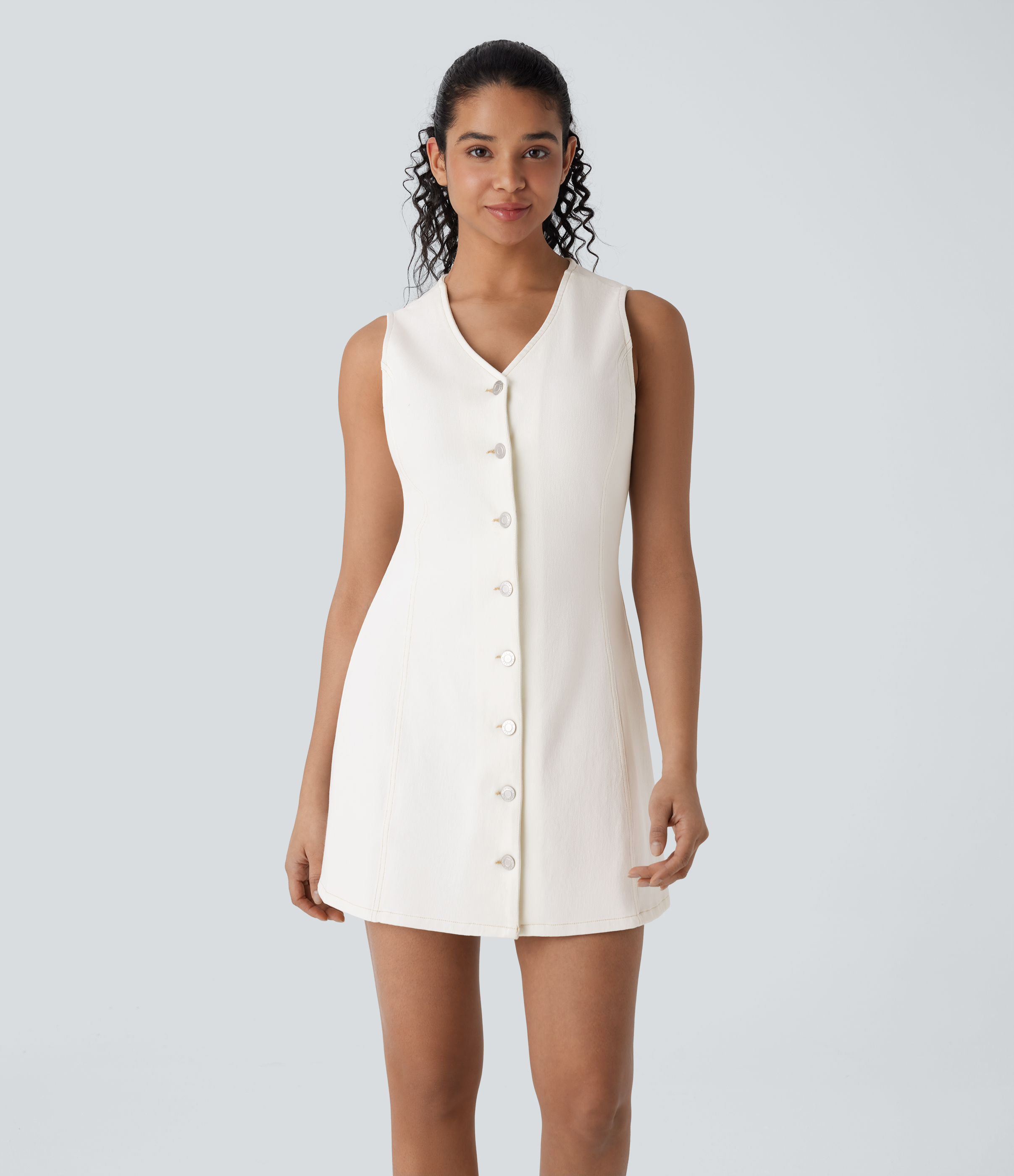 Halara Flex™ - Ärmelloses Minikleid aus elastischem Strick-Denim mit V-Ausschnitt und Knopfleiste