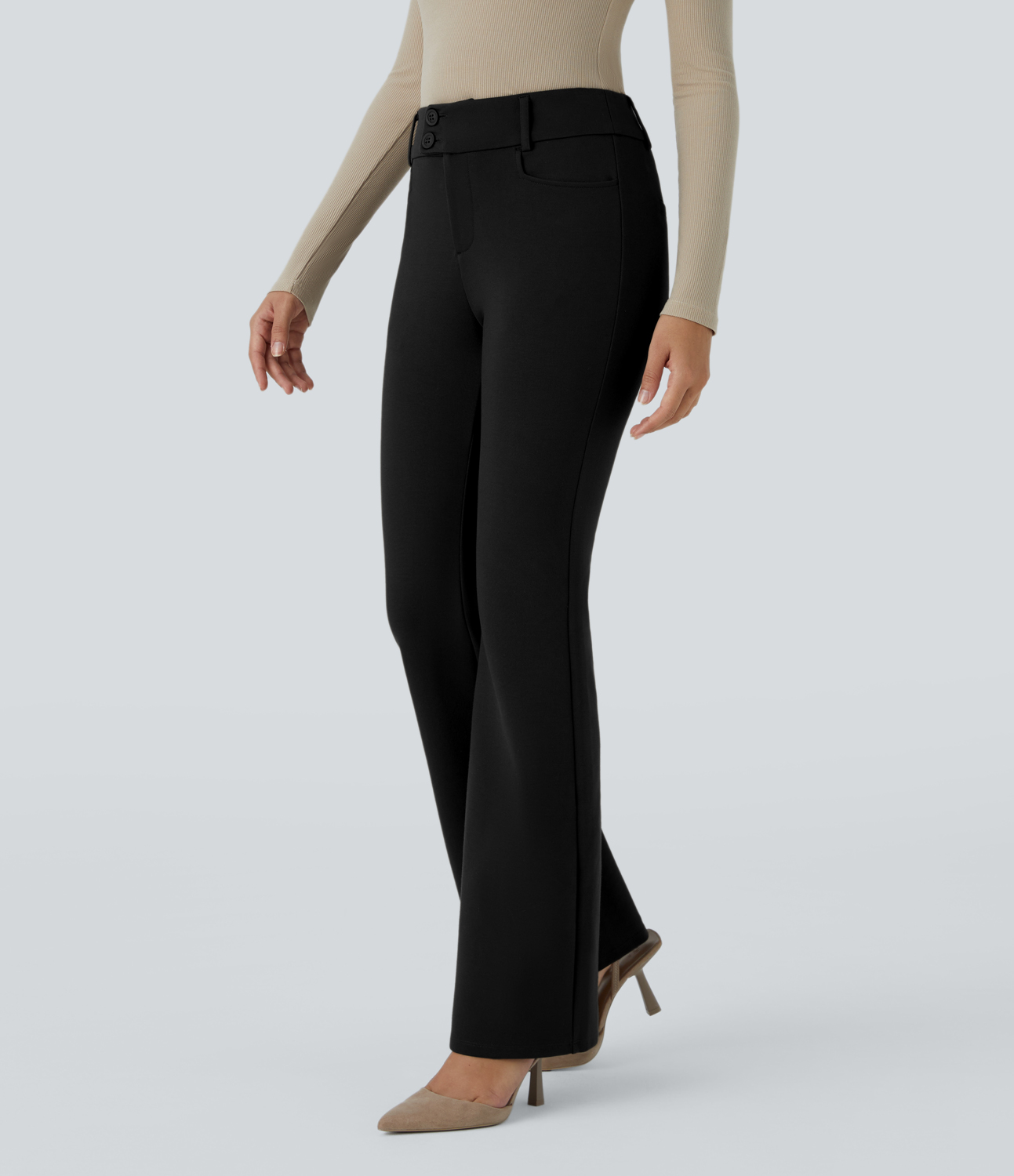 Halara HalaraFlexв„ў High Waisted Button Zipper Side Pocket Slight Flare Work Pants  - Black - L(regular) sweatpants jogger pants 