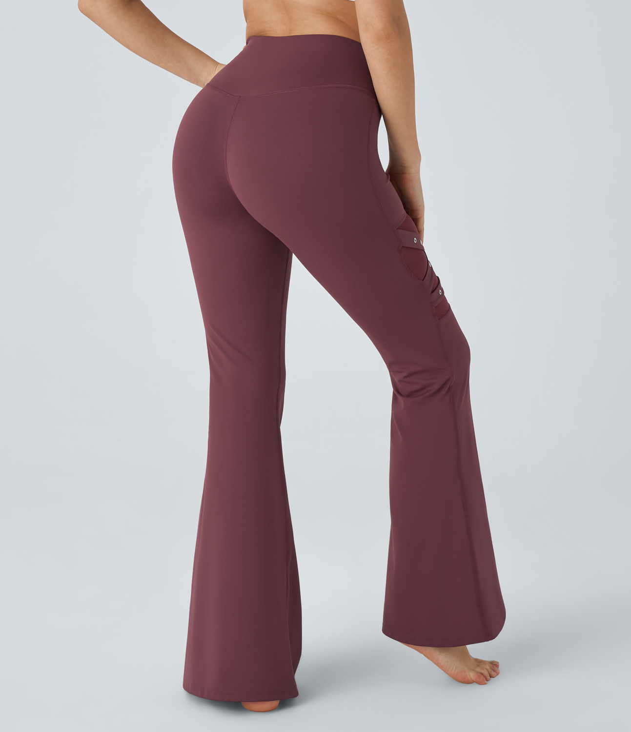 Halara High Waisted Crossover Contrast Mesh Decorative Buckle Yoga Flare Leggings  - Red Mahogany - L(regular) 
