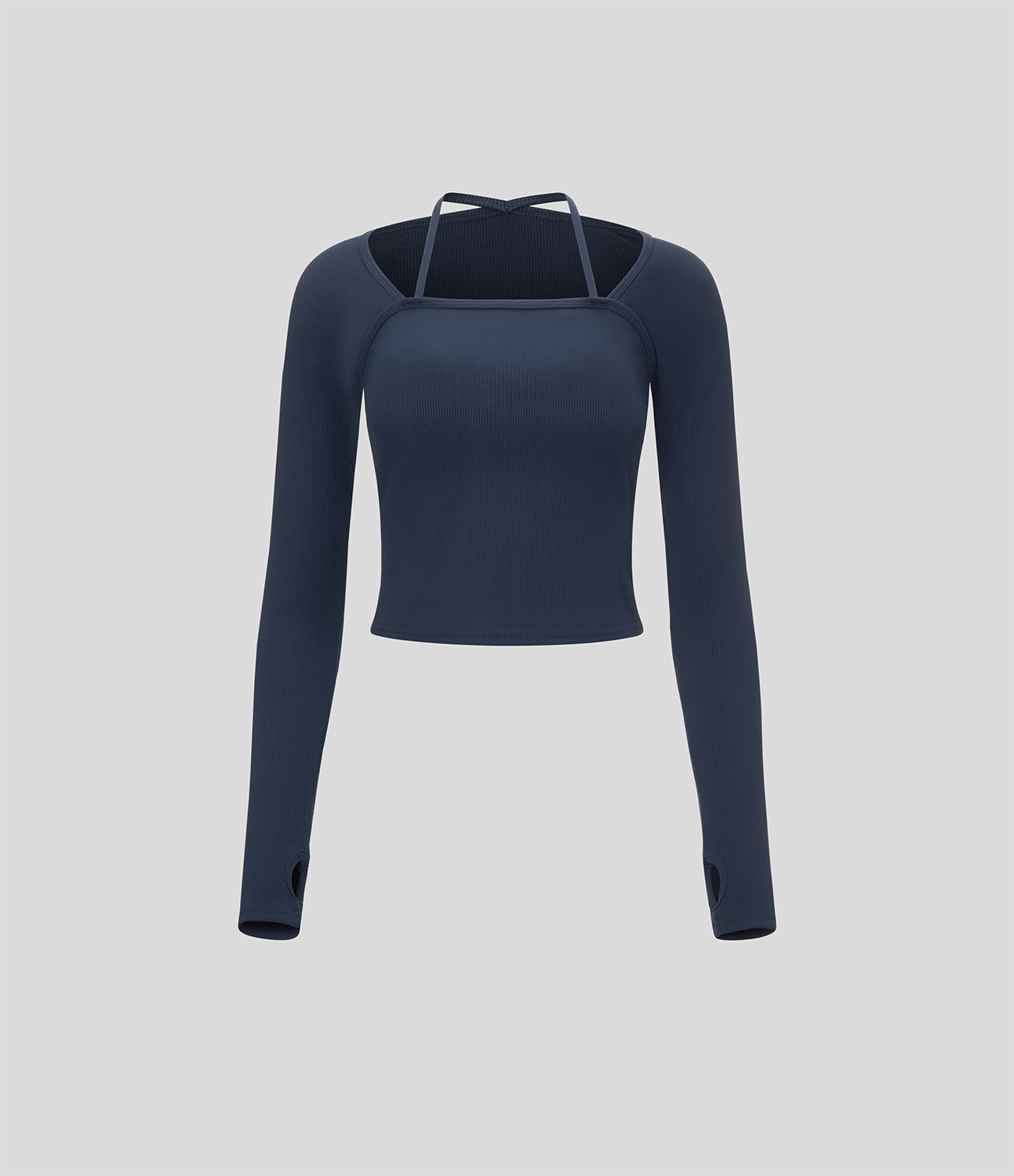 Halara Ribbed Halter Strap Thumb Hole Yoga Sports Top  - Navy Blazer - S(Long) 
