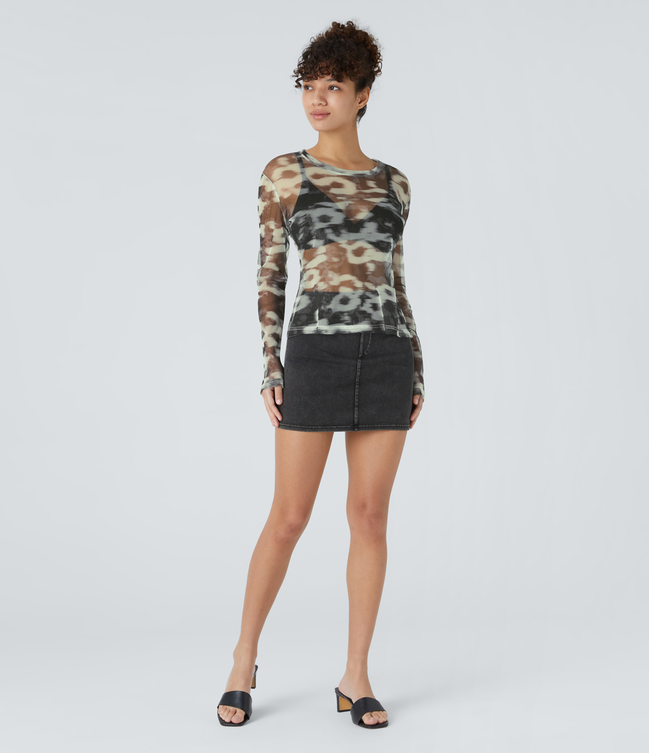 Halara Round Neck Long Sleeve Floral Print Slim Sheer Mesh Casual Top Tank Top - Dark Floral Black - XS golf tops halter top tunic tops 