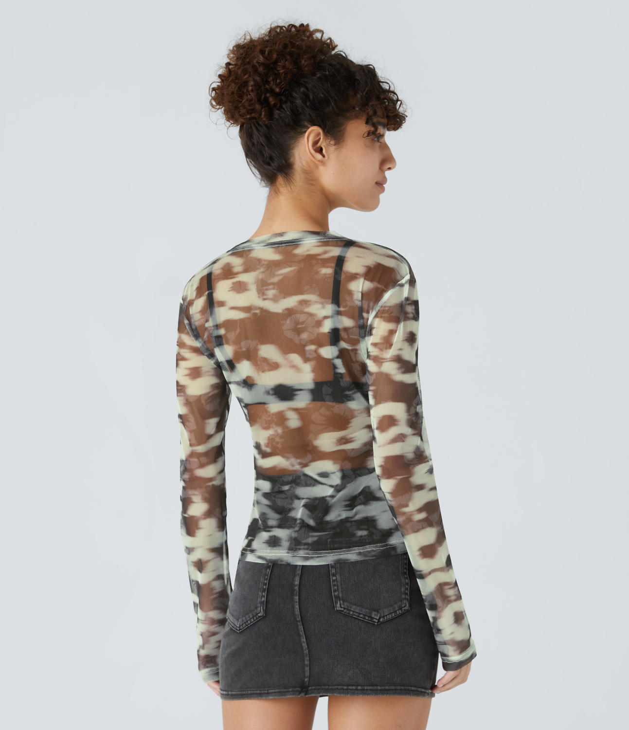 Halara Round Neck Long Sleeve Floral Print Slim Sheer Mesh Casual Top Tank Top - Dark Floral Black - XS golf tops halter top tunic tops 