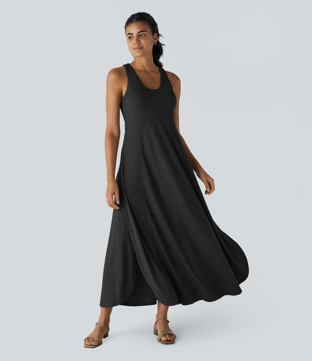 

Halara U Neck Backless Split Flowy Maxi Casual Tank Dress Casual Dress - Black -  slip dress beach dress ruched dress halter dress