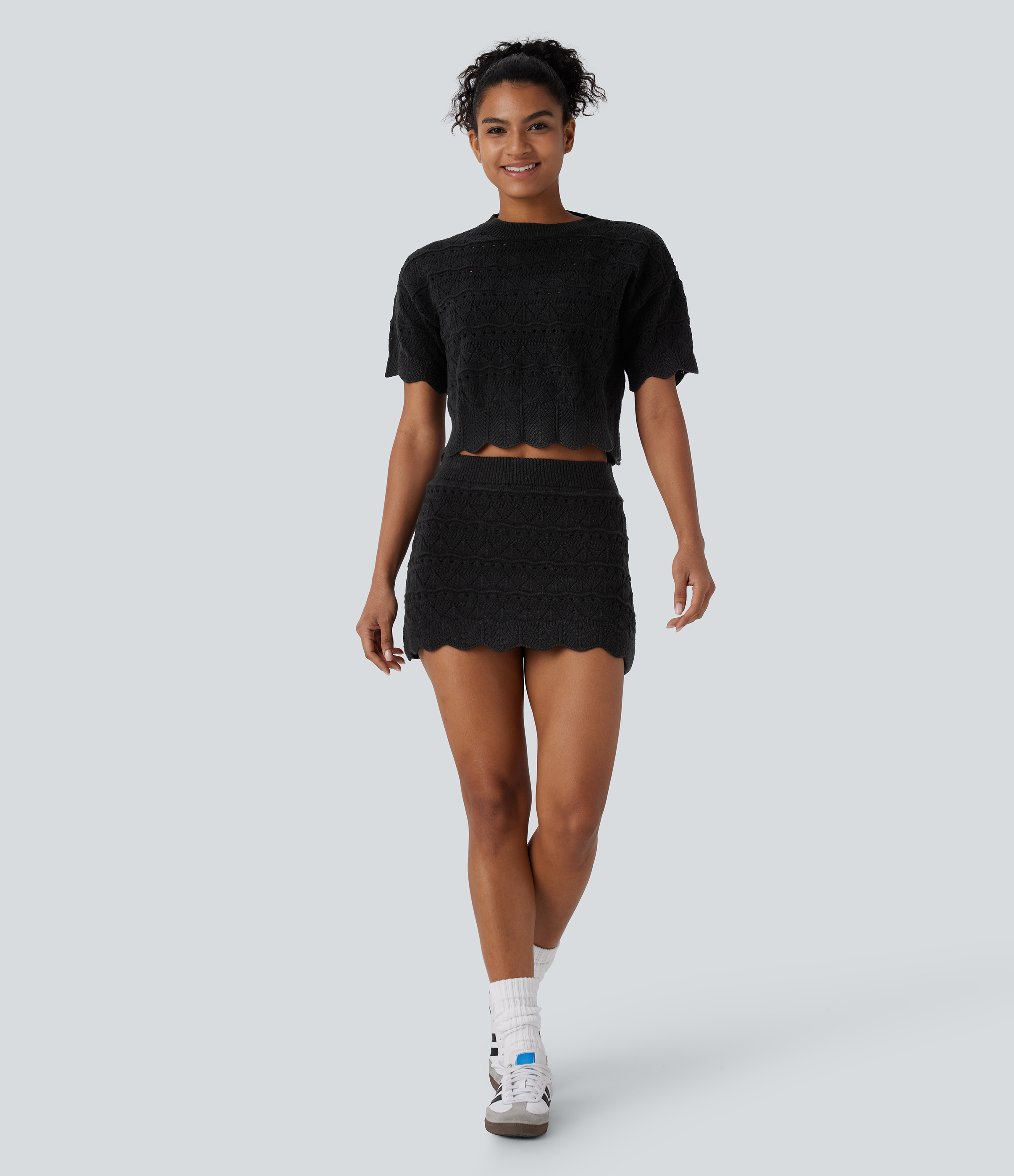 Halara High Waisted 2-in-1 Side Pocket Open Knit Mini Casual Sweater Skirt  - Black - L(regular) 