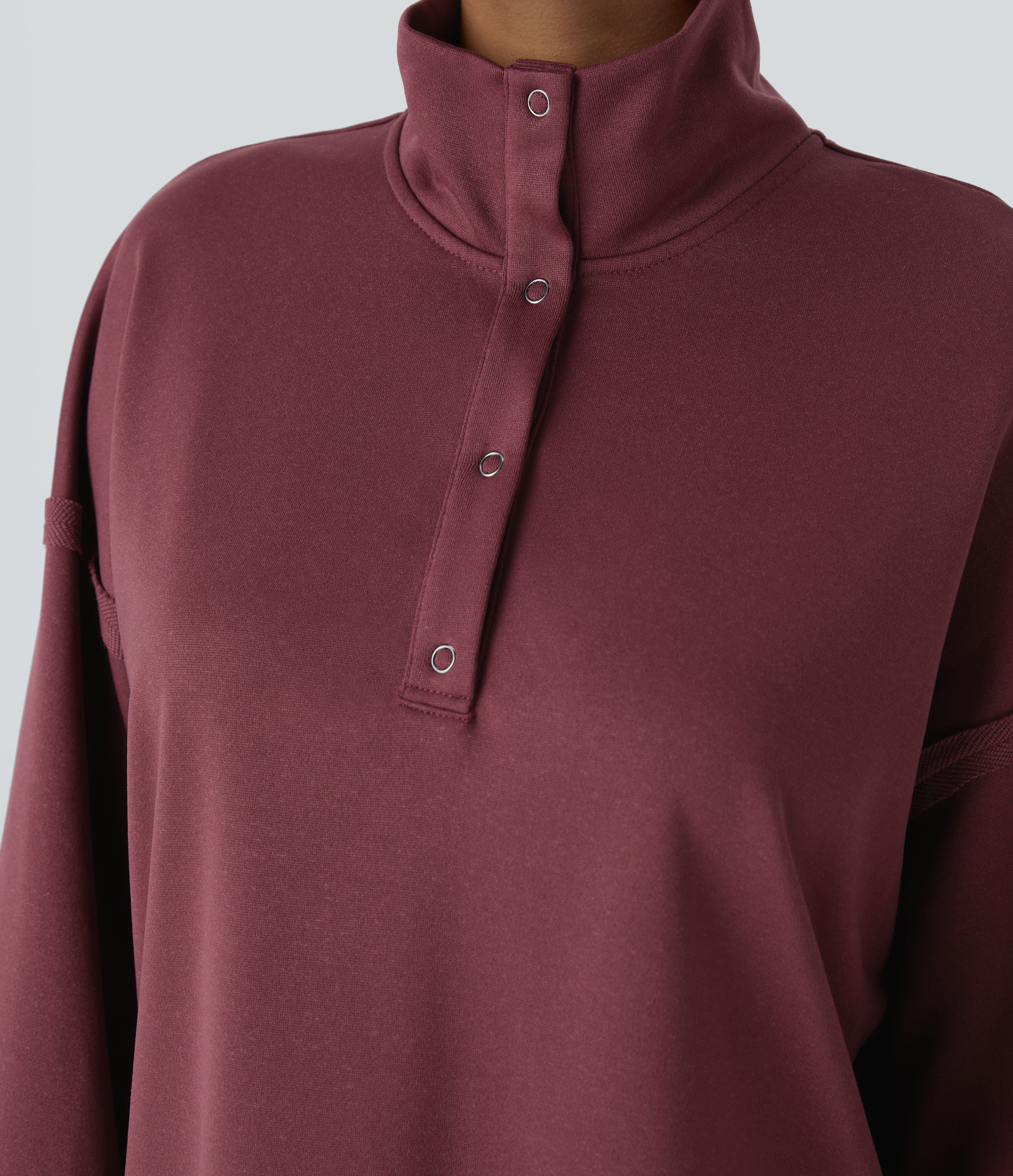 Halara Collar Snap Button Dropped Shoulder Long Sleeve Split Hem Casual Sweatshirt  - New Maroon - L 