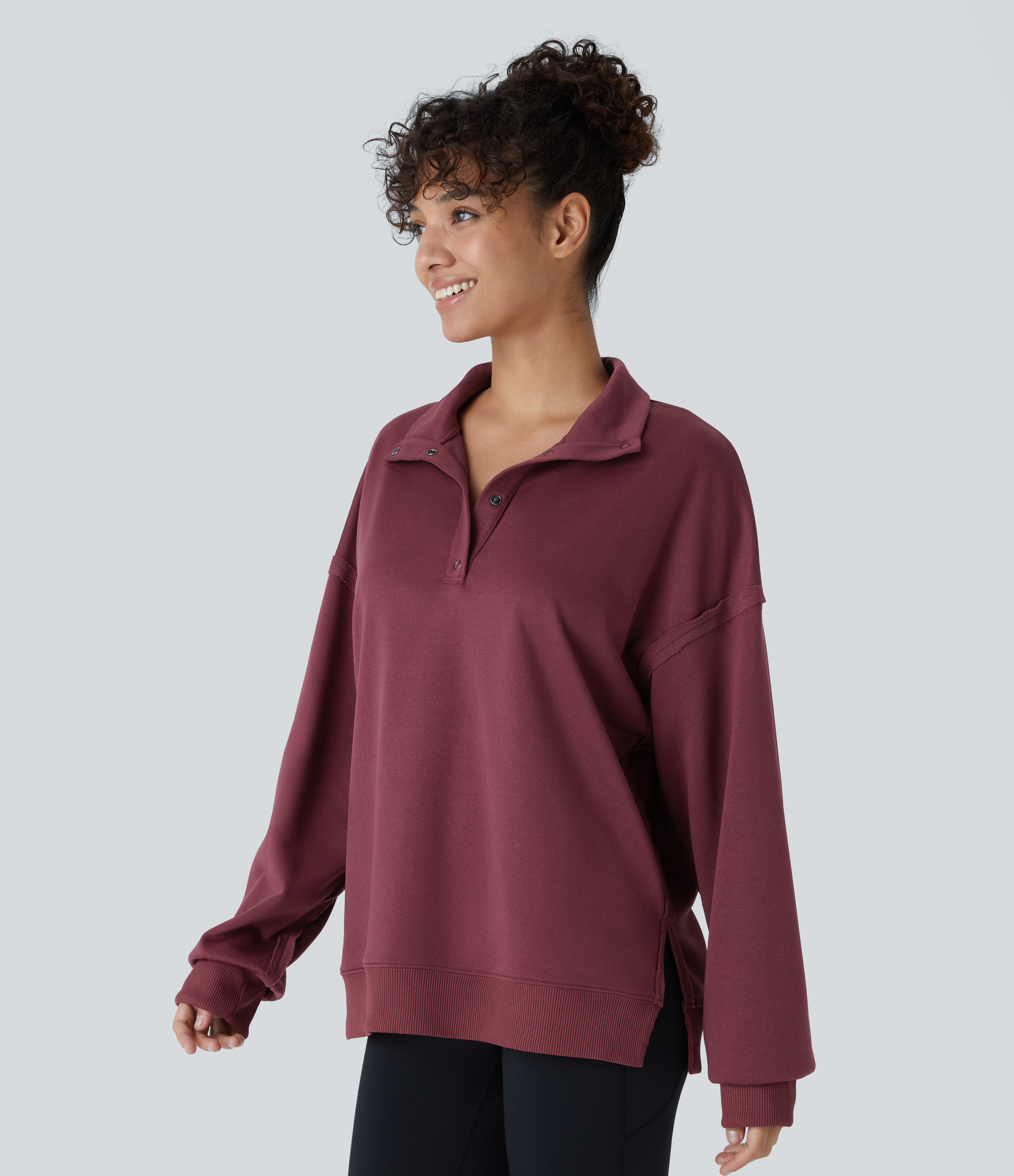 Halara Collar Snap Button Dropped Shoulder Long Sleeve Split Hem Casual Sweatshirt  - New Maroon - L 