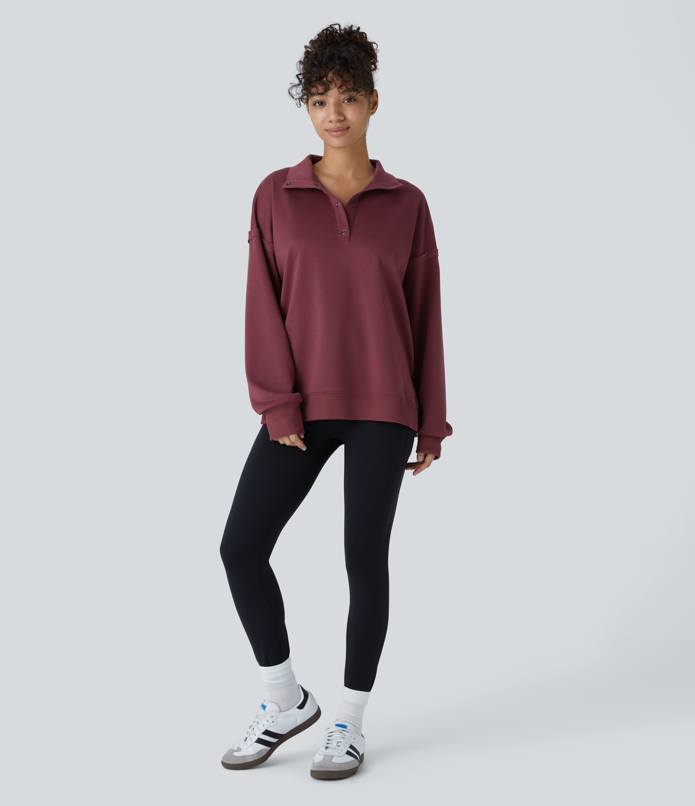 Halara Collar Snap Button Dropped Shoulder Long Sleeve Split Hem Casual Sweatshirt  - New Maroon - L 