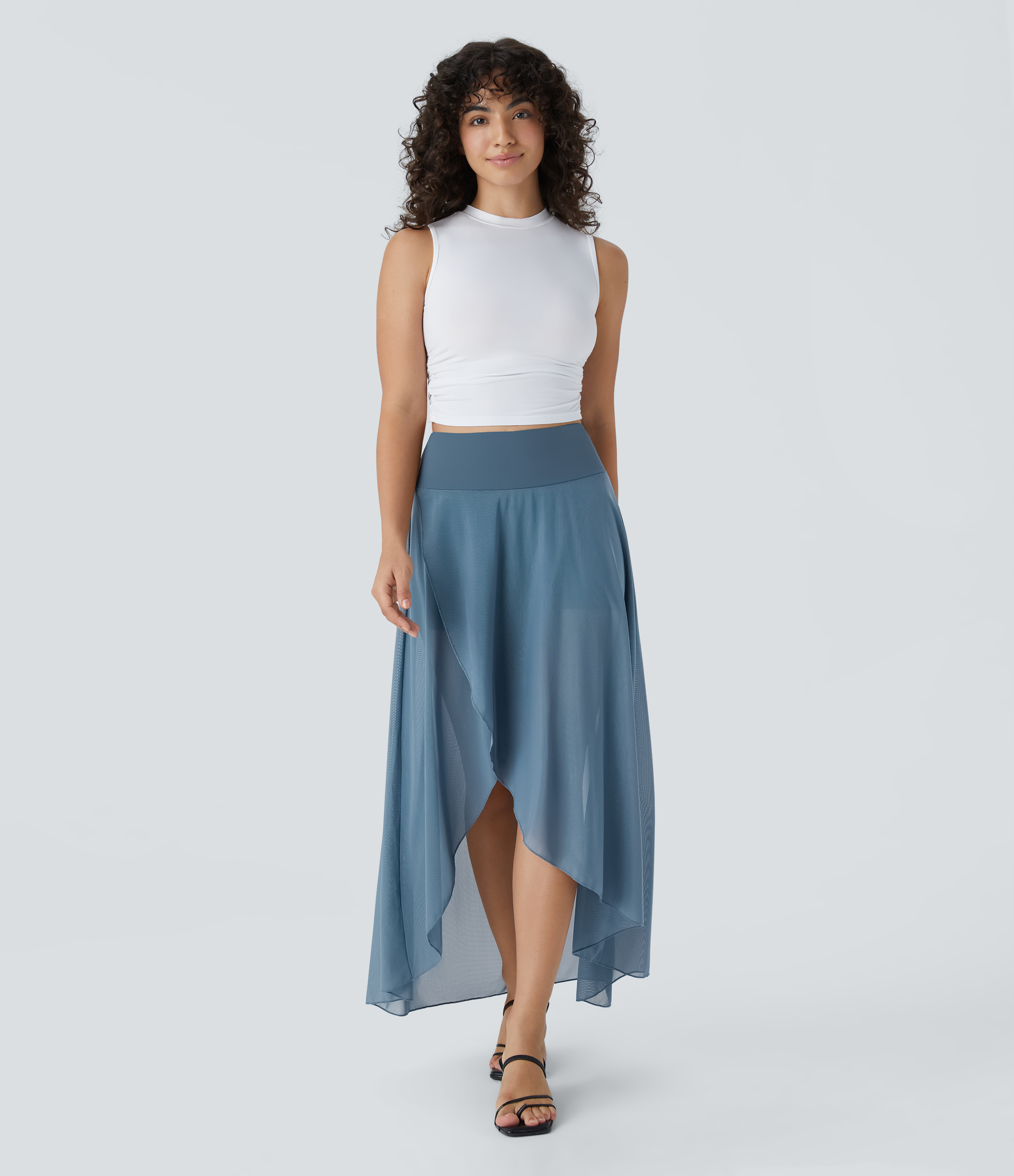 Halara High Waisted High Low Ruffle 2-in-1 Side Pocket Flare Mesh Casual Regular Maxi Skirt  - Blue Heaven - M midi skirt a line skirt 