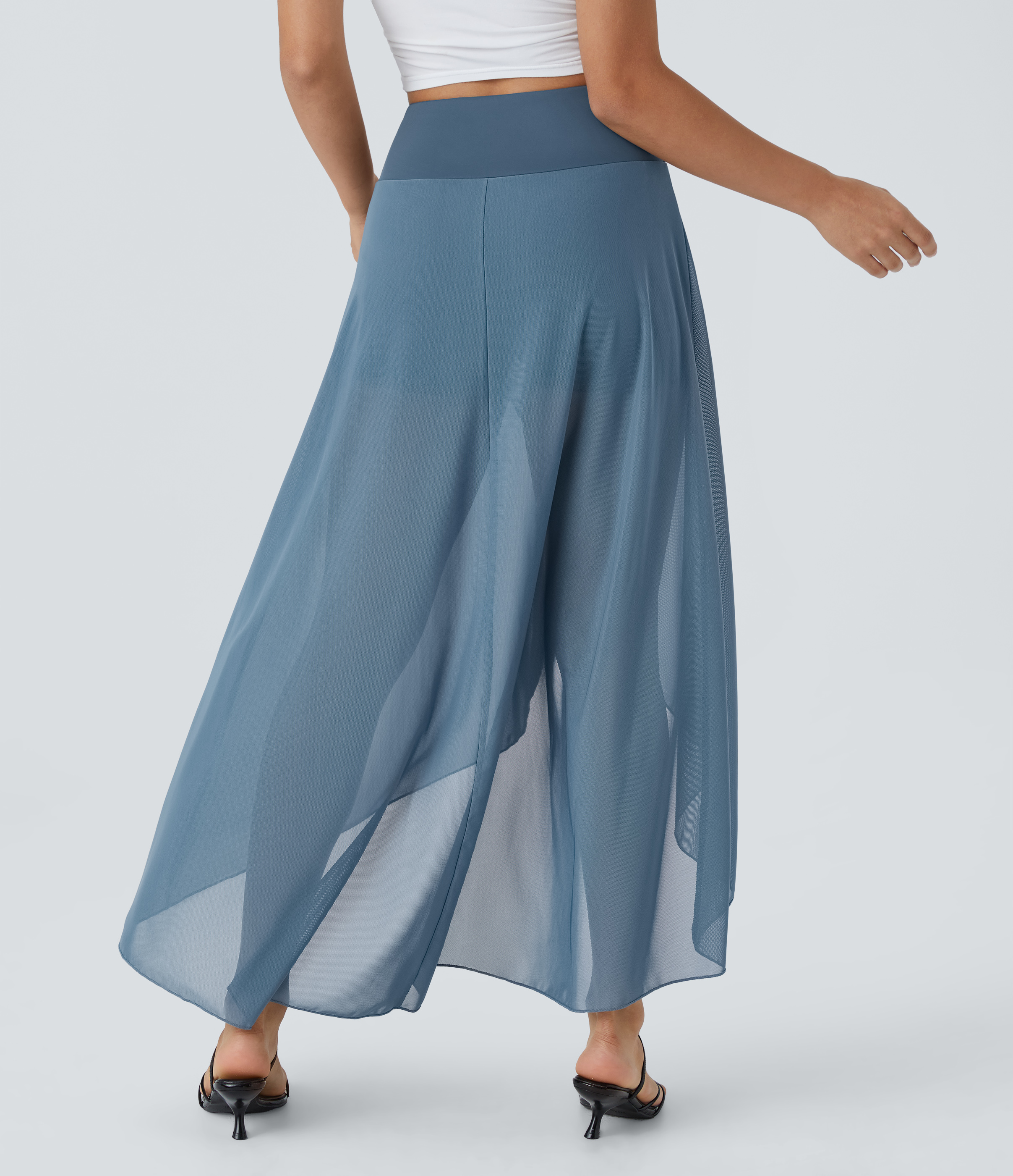 Halara High Waisted High Low Ruffle 2-in-1 Side Pocket Flare Mesh Casual Regular Maxi Skirt  - Blue Heaven - M midi skirt a line skirt 