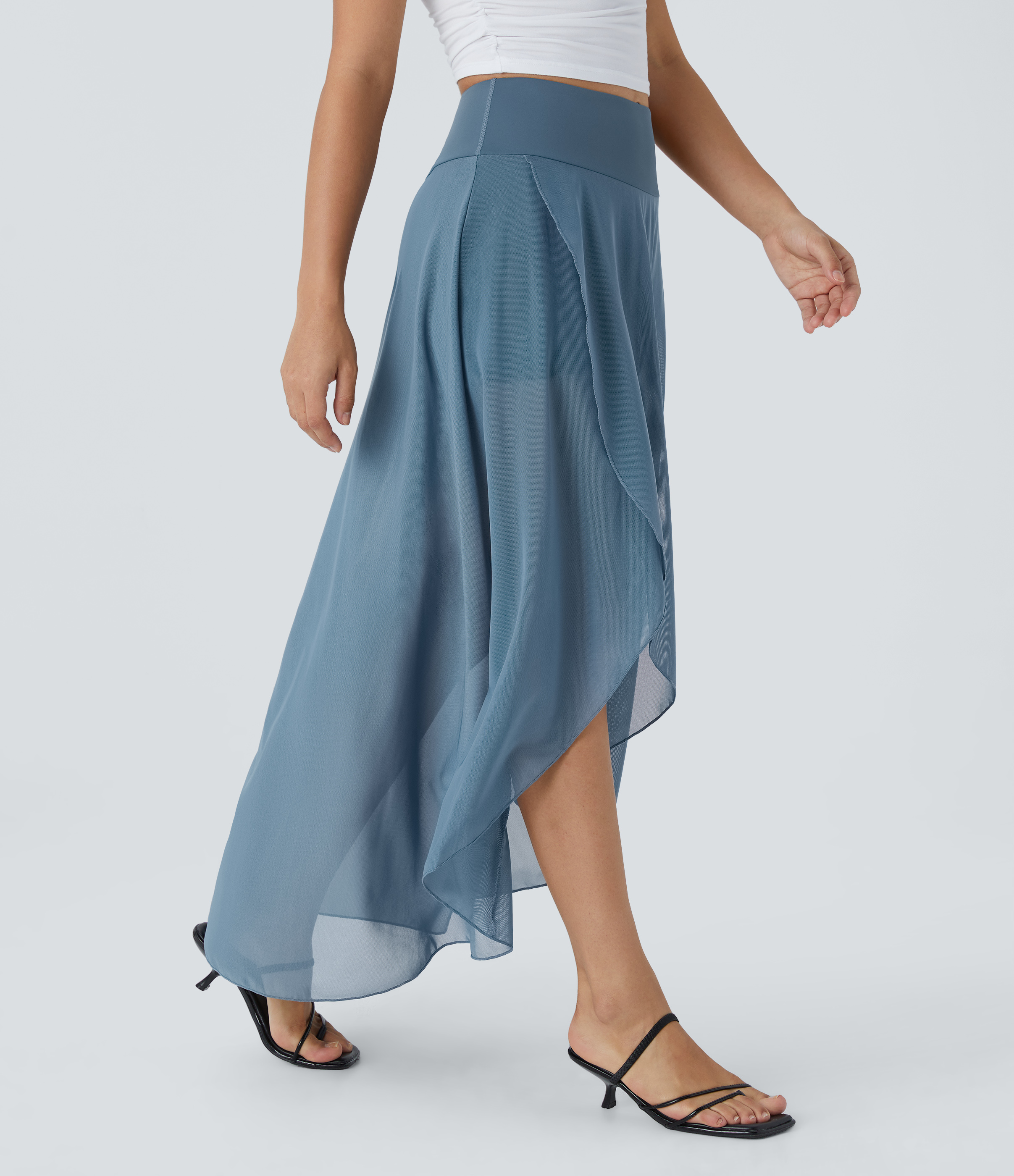 Halara High Waisted High Low Ruffle 2-in-1 Side Pocket Flare Mesh Casual Regular Maxi Skirt  - Blue Heaven - M midi skirt a line skirt 