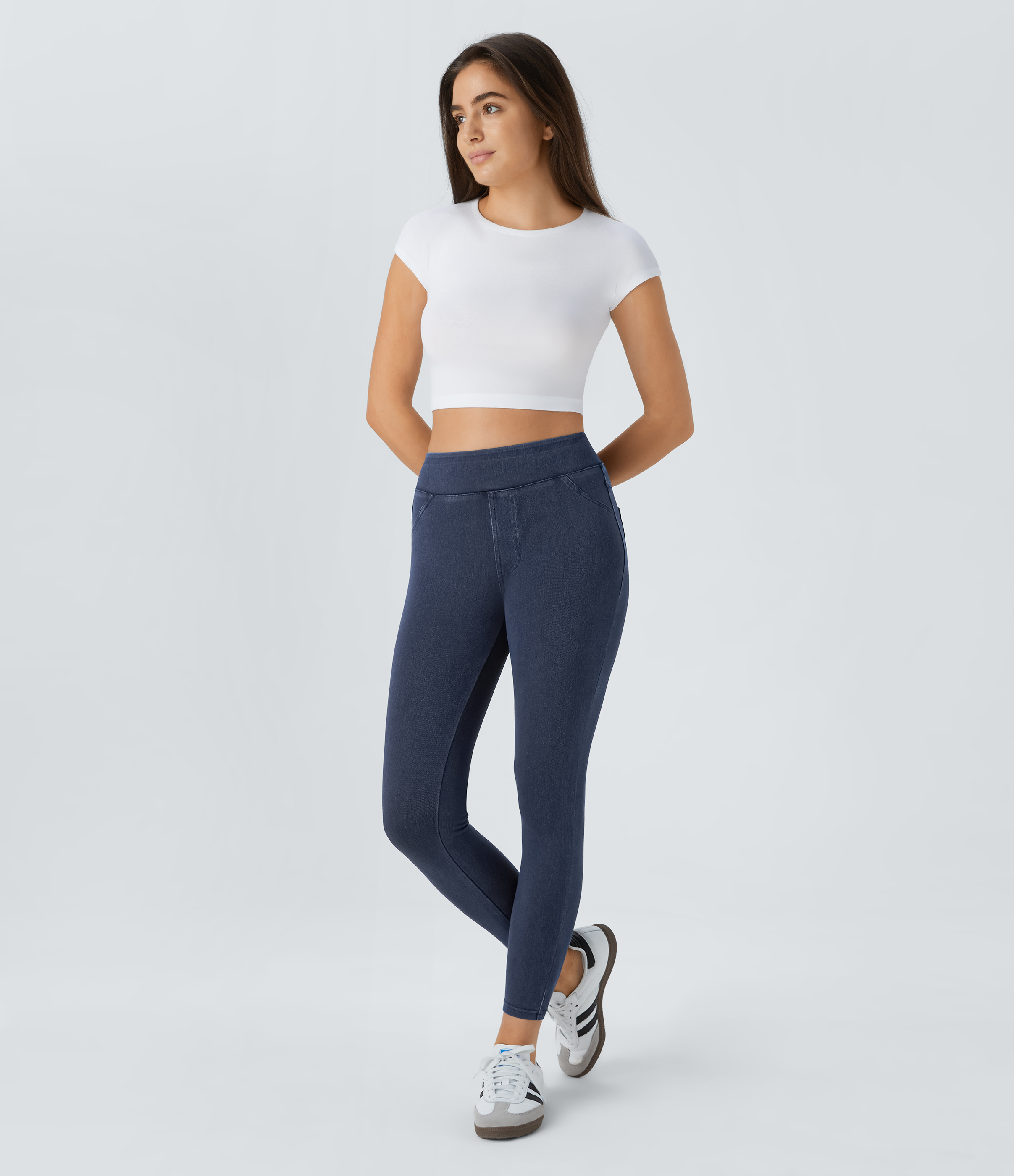 Halara HalaraMagicв„ў High Waisted Back Side Pocket Stretchy Knit Denim Casual Leggings  - Moonlit Ocean - M 