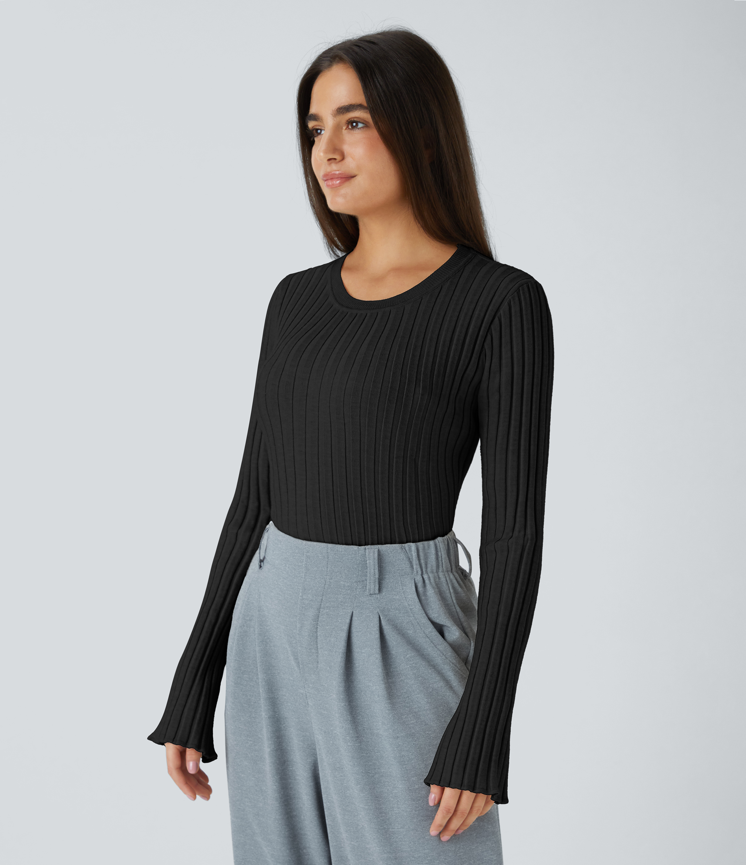 Halara Round Neck Long Sleeve Frill Casual Sweater  - Black - XS 