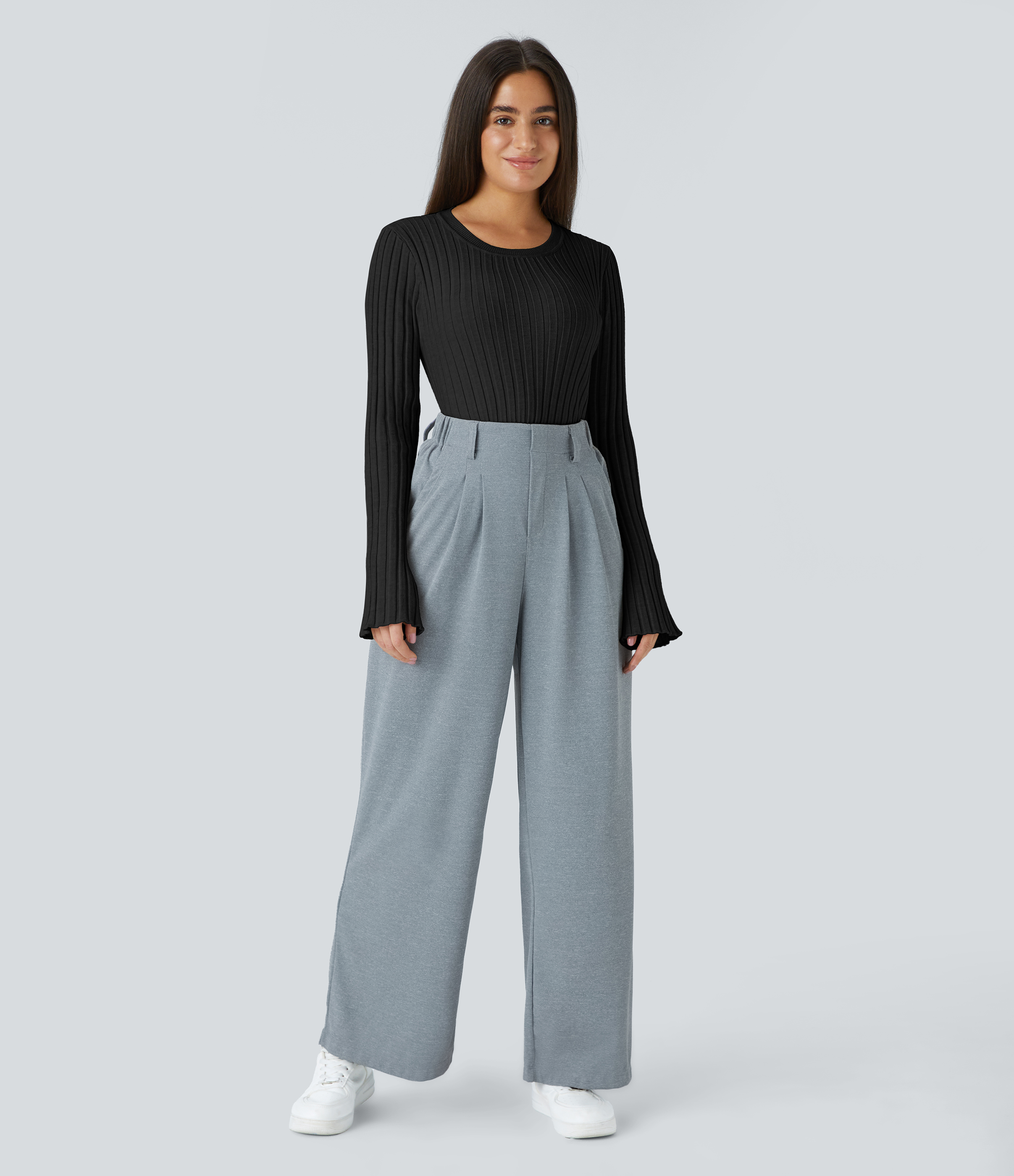 Halara Round Neck Long Sleeve Frill Casual Sweater  - Black - XS 