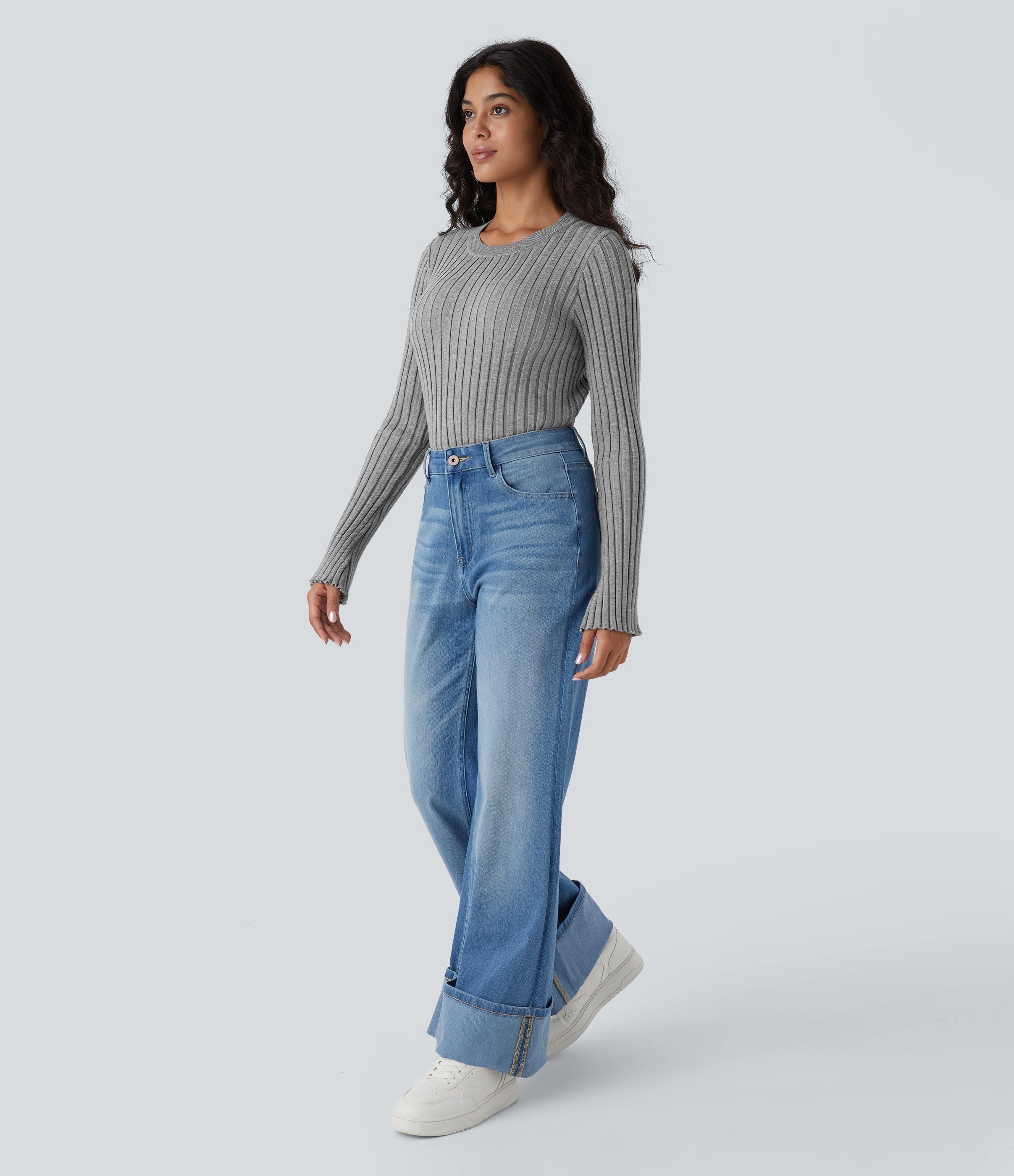 Halara Round Neck Long Sleeve Frill Casual Sweater  - Dark Mottled Grey - XL 