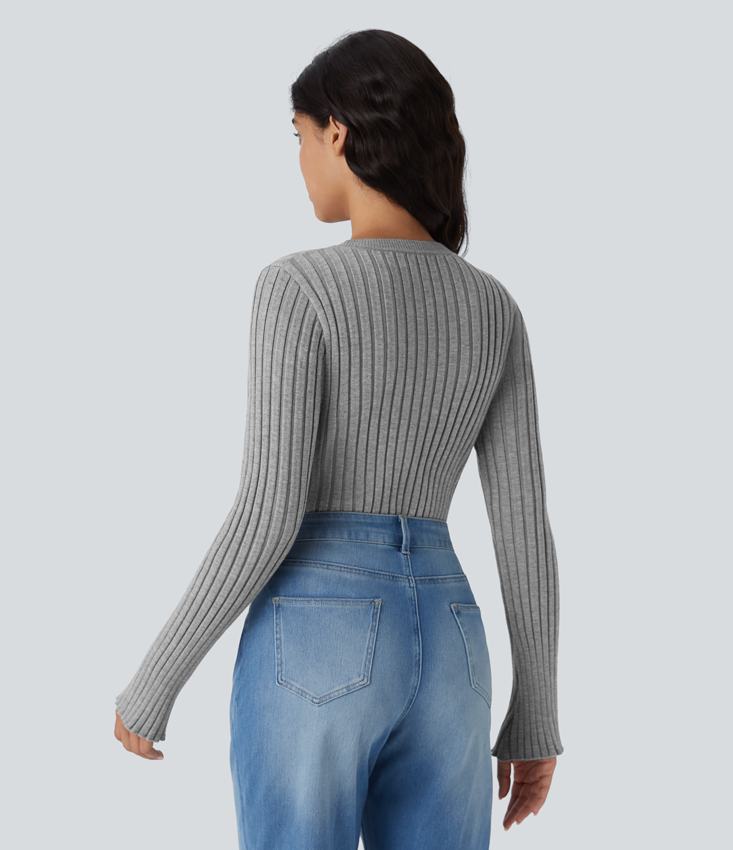 Halara Round Neck Long Sleeve Frill Casual Sweater  - Dark Mottled Grey - XL 