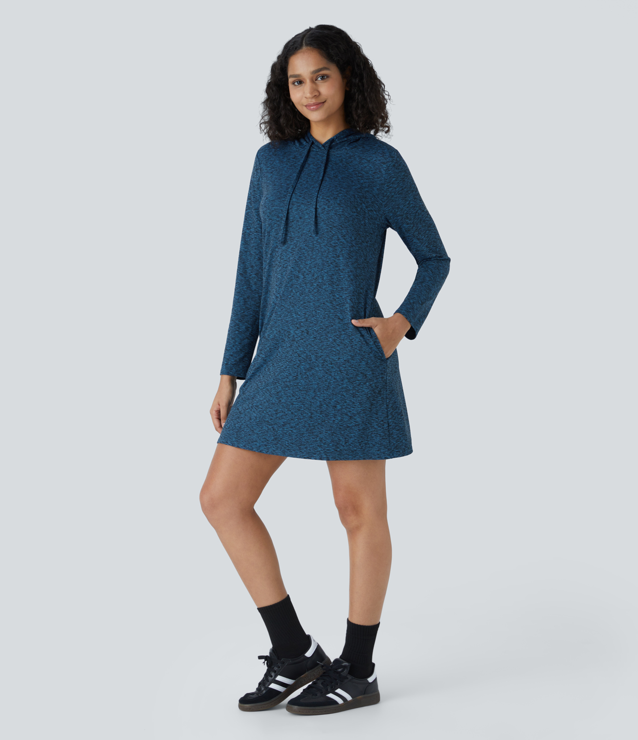 Halara Drawstring Hooded Long Sleeve Side Pocket Mini Casual Dress Casual Dress - Indigo Blue Flower Gray - XL slip dress beach dress 