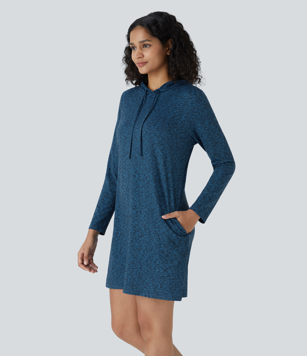 Halara Drawstring Hooded Long Sleeve Side Pocket Mini Casual Dress Casual Dress - Indigo Blue Flower Gray - XL slip dress beach dress 