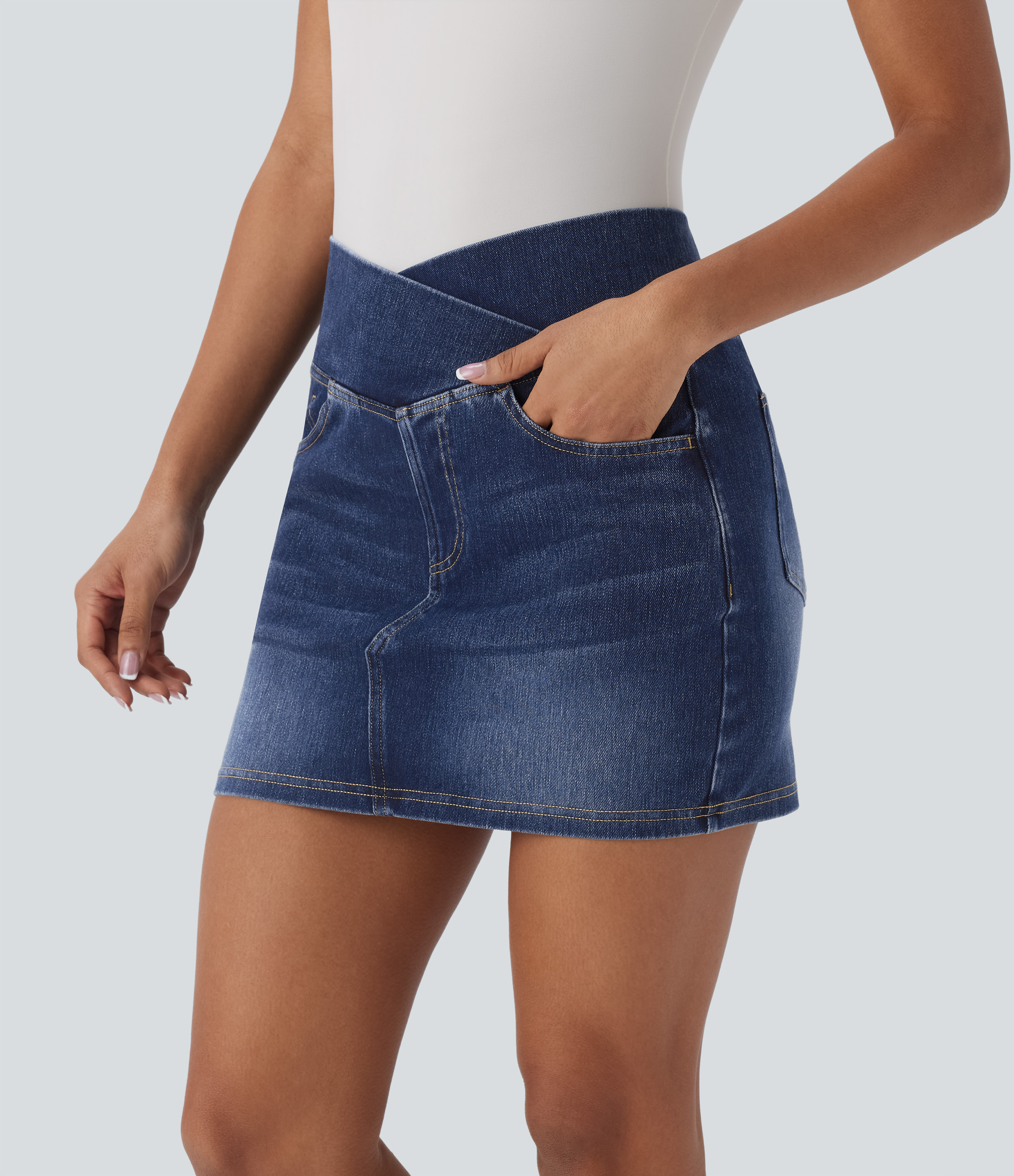 Halara Flex™ Crossover High Waisted Multiple Pockets Bodycon Mini Washed Stretchy Knit Denim Casual Skirt