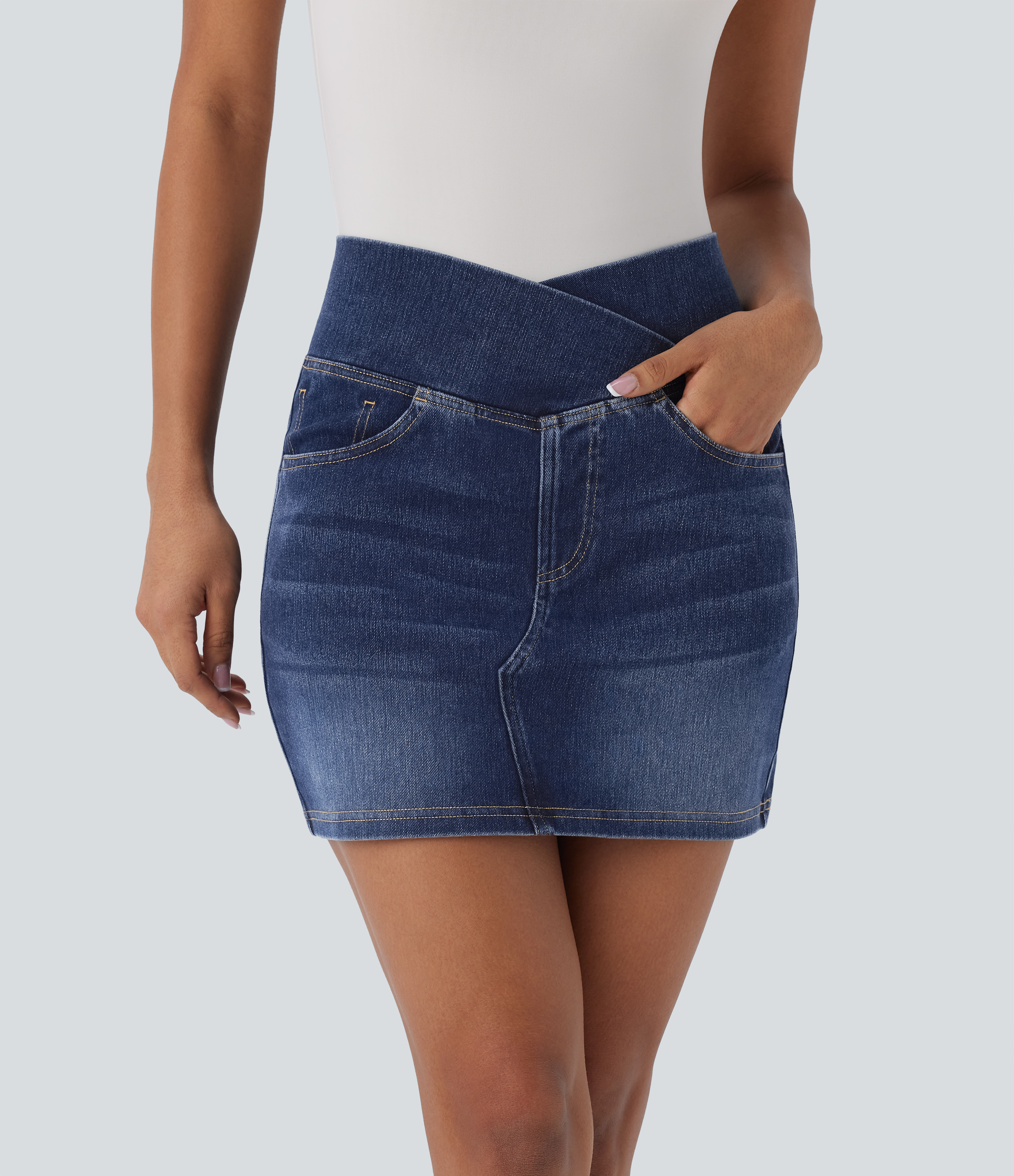 Falda Halara Flex™ Denim mezclilla elástico lavado múltiple bolsillo tiro alto cruzada