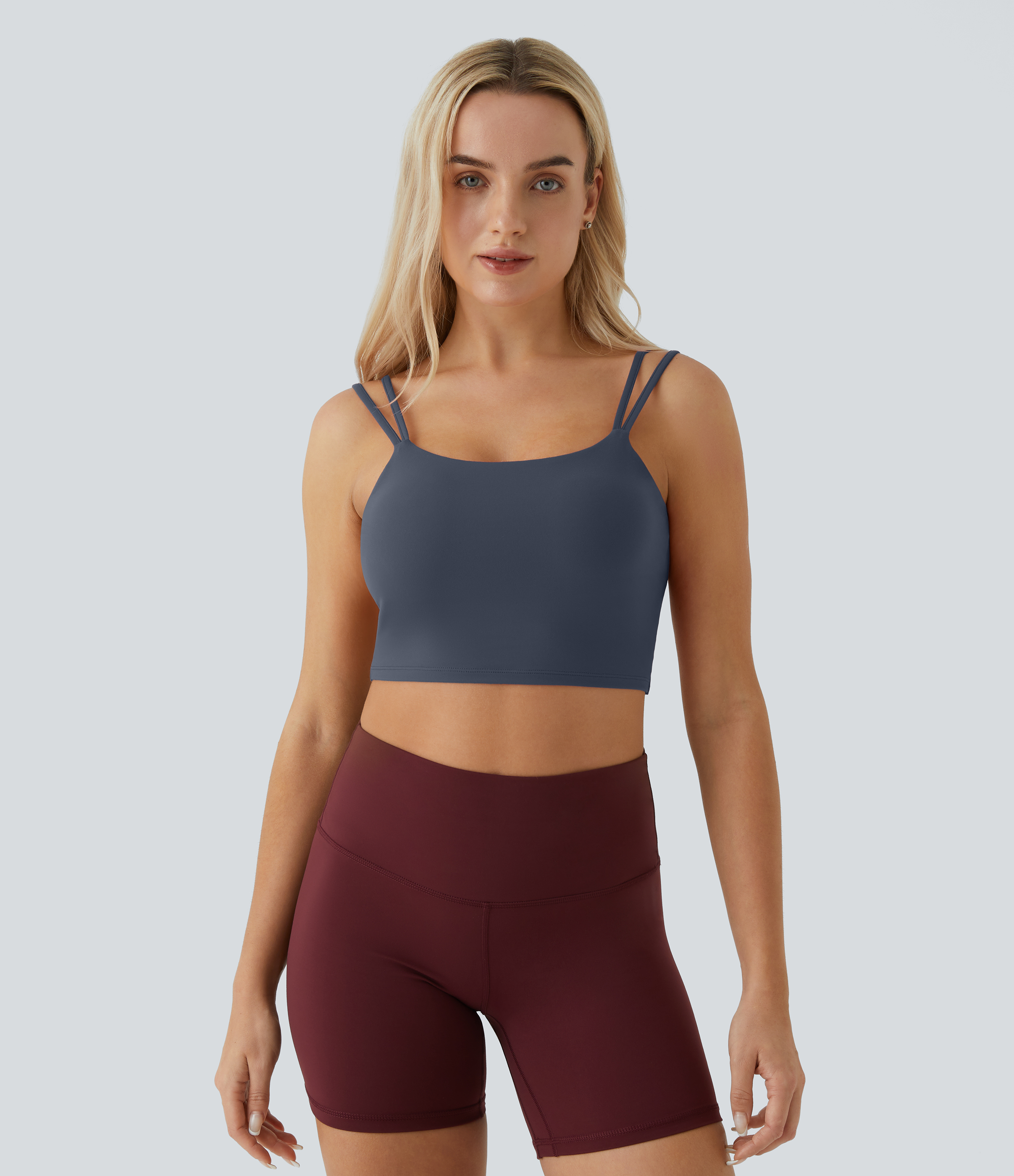 Halara In My Feels Double Straps Backless Twisted Cropped Yoga Tank Top Tank Top - Ombre Blue - L golf tops halter top tunic tops 