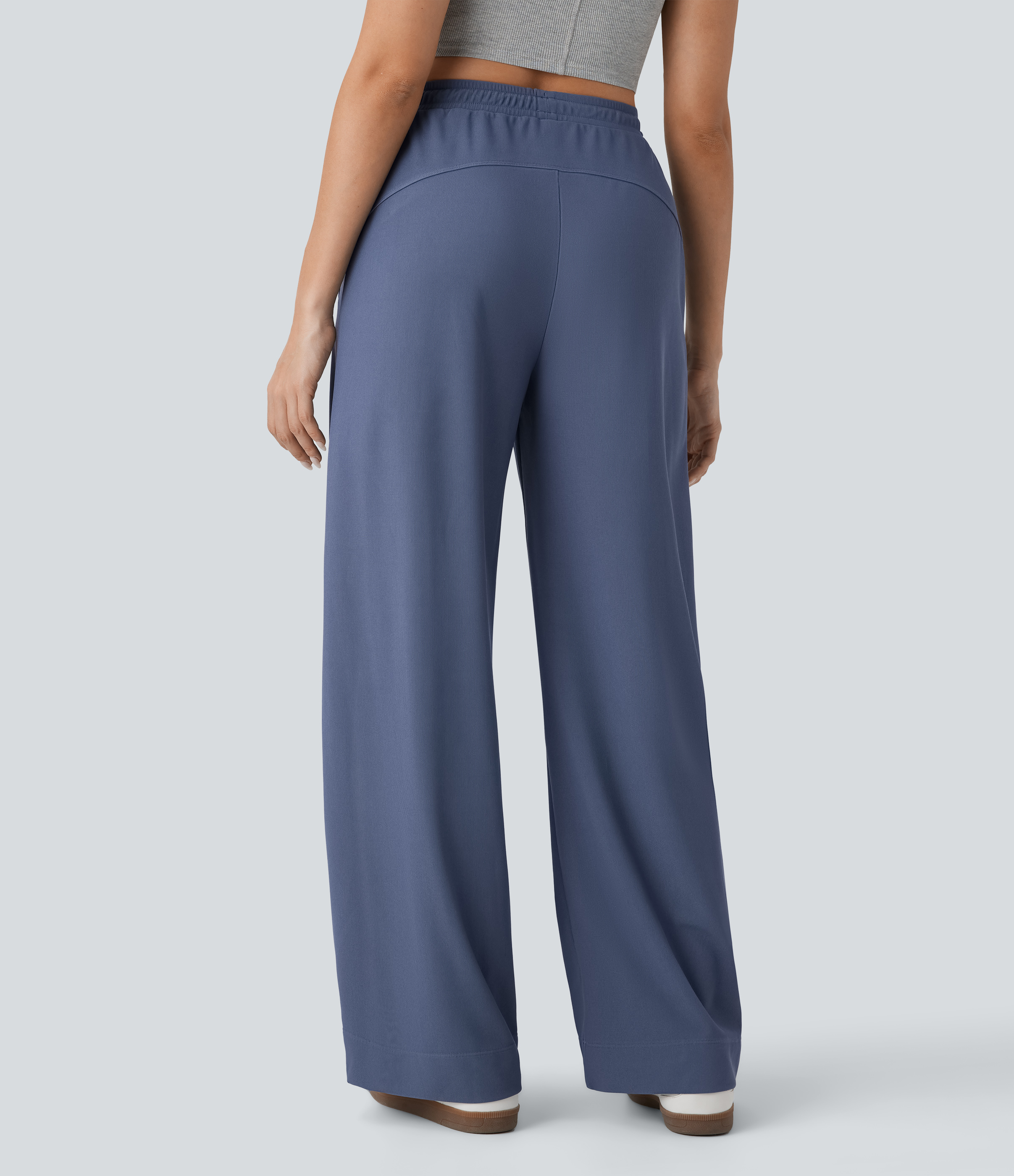 Halara High Waisted Adjustable Drawcord Side Pocket Straight Leg Micro Waffle Casual Pants  - Deep Sea Gray Blue - XS(regular) sweatpants 