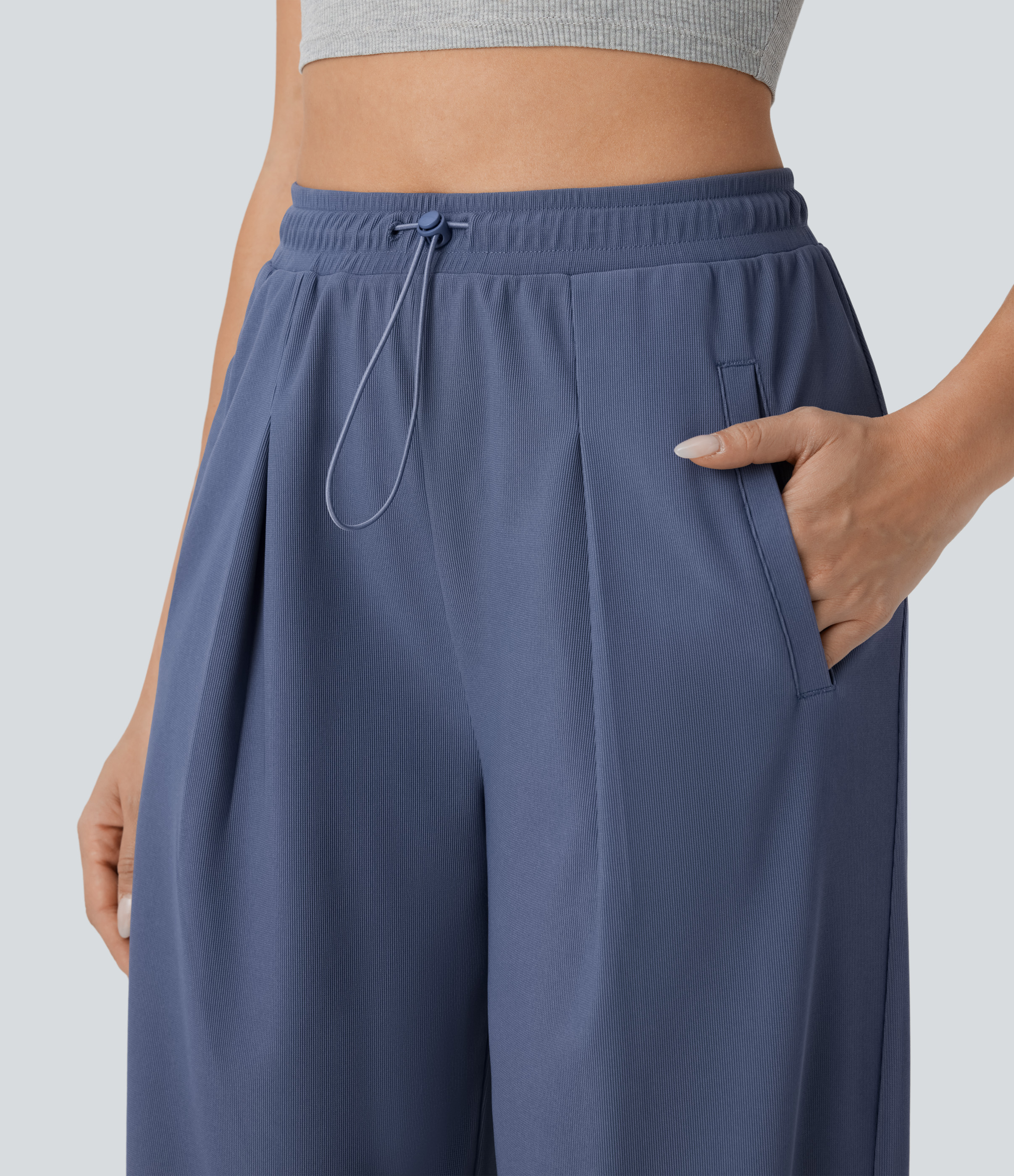 Halara High Waisted Adjustable Drawcord Side Pocket Straight Leg Micro Waffle Casual Pants  - Deep Sea Gray Blue - XS(regular) sweatpants 