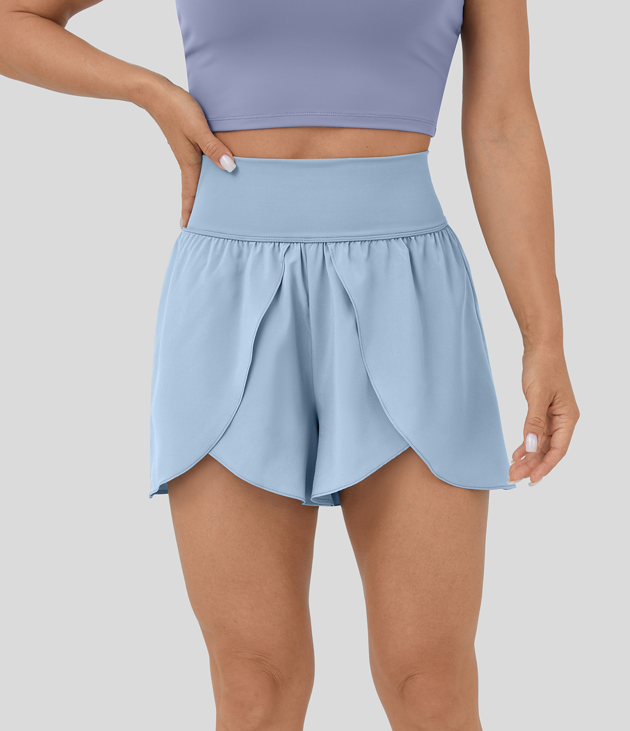 Halara Breezeful™ High Waisted Back Waistband Pocket Flowy Split Quick Dry Dance Shorts 3.5'' - Thin Ice Blue - L
