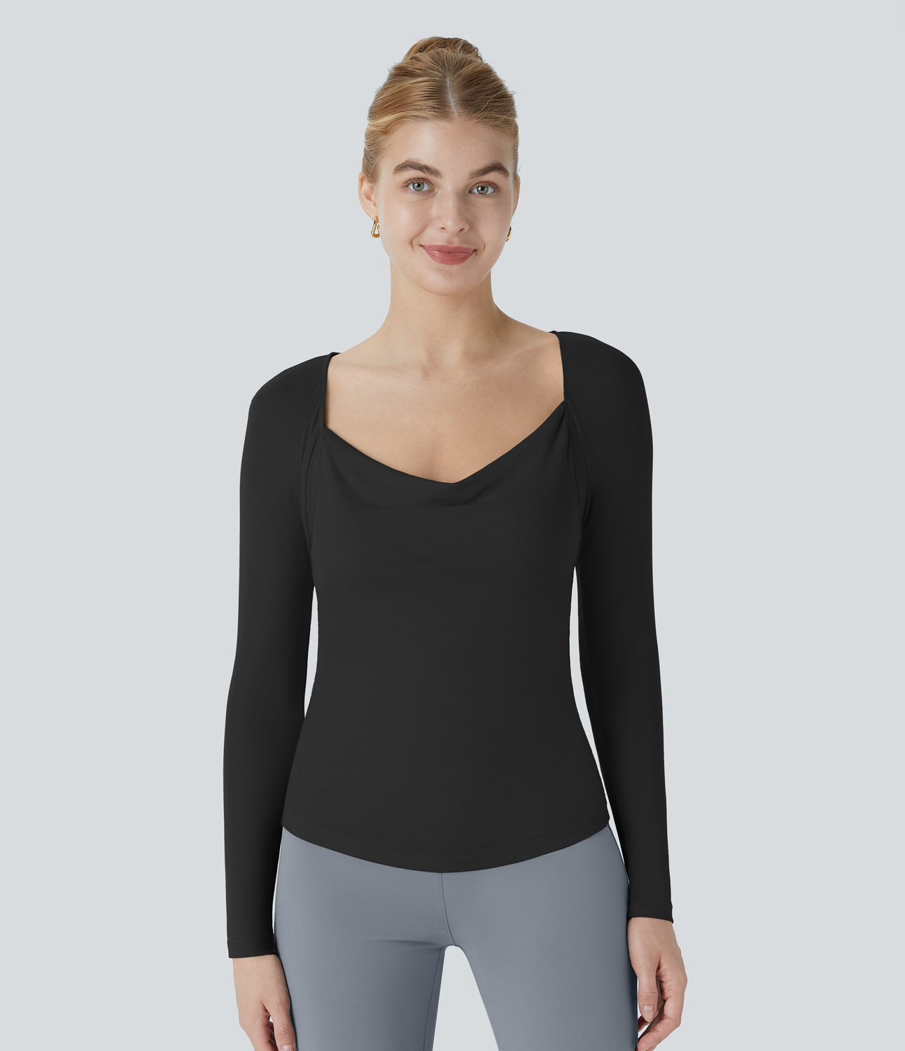 Halara Ribbed Cowl Neck Long Sleeve Slim Work Top Tank Top - Black - XL golf tops halter top tunic tops sleeveless tops backless top 