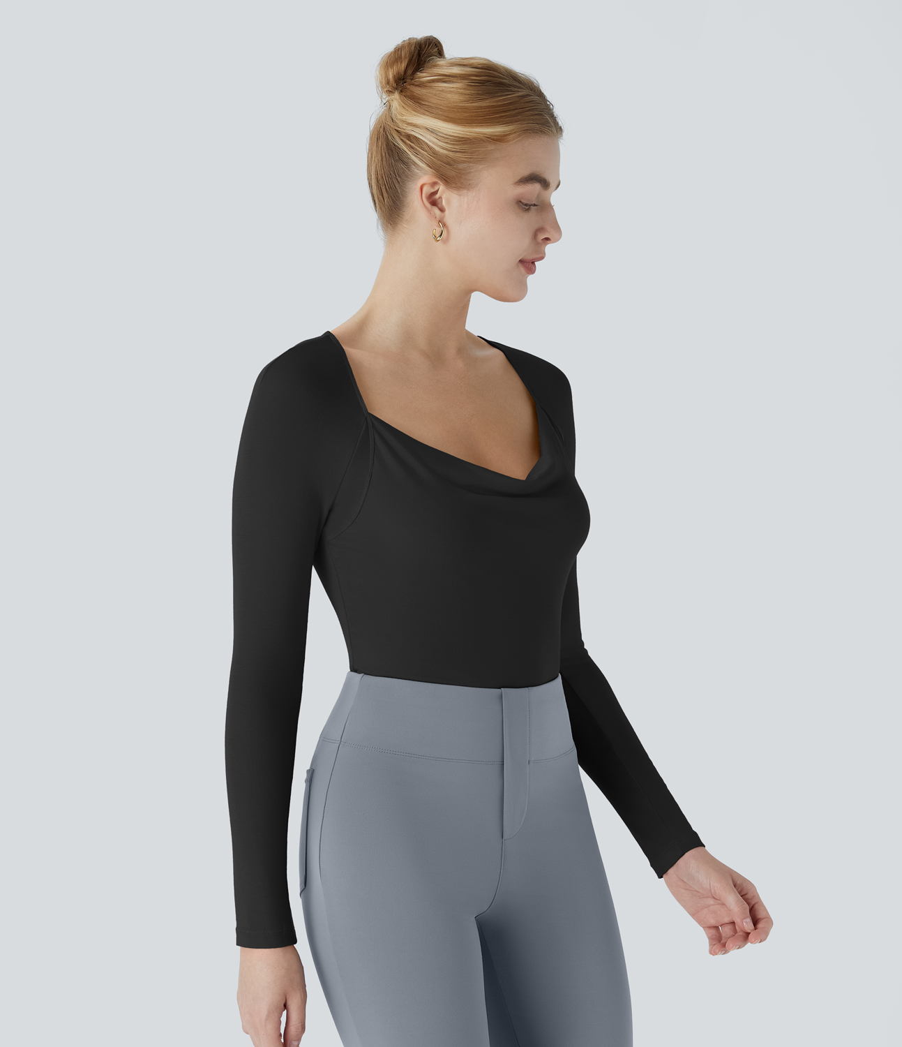 Halara Ribbed Cowl Neck Long Sleeve Slim Work Top Tank Top - Black - XL golf tops halter top tunic tops sleeveless tops backless top 