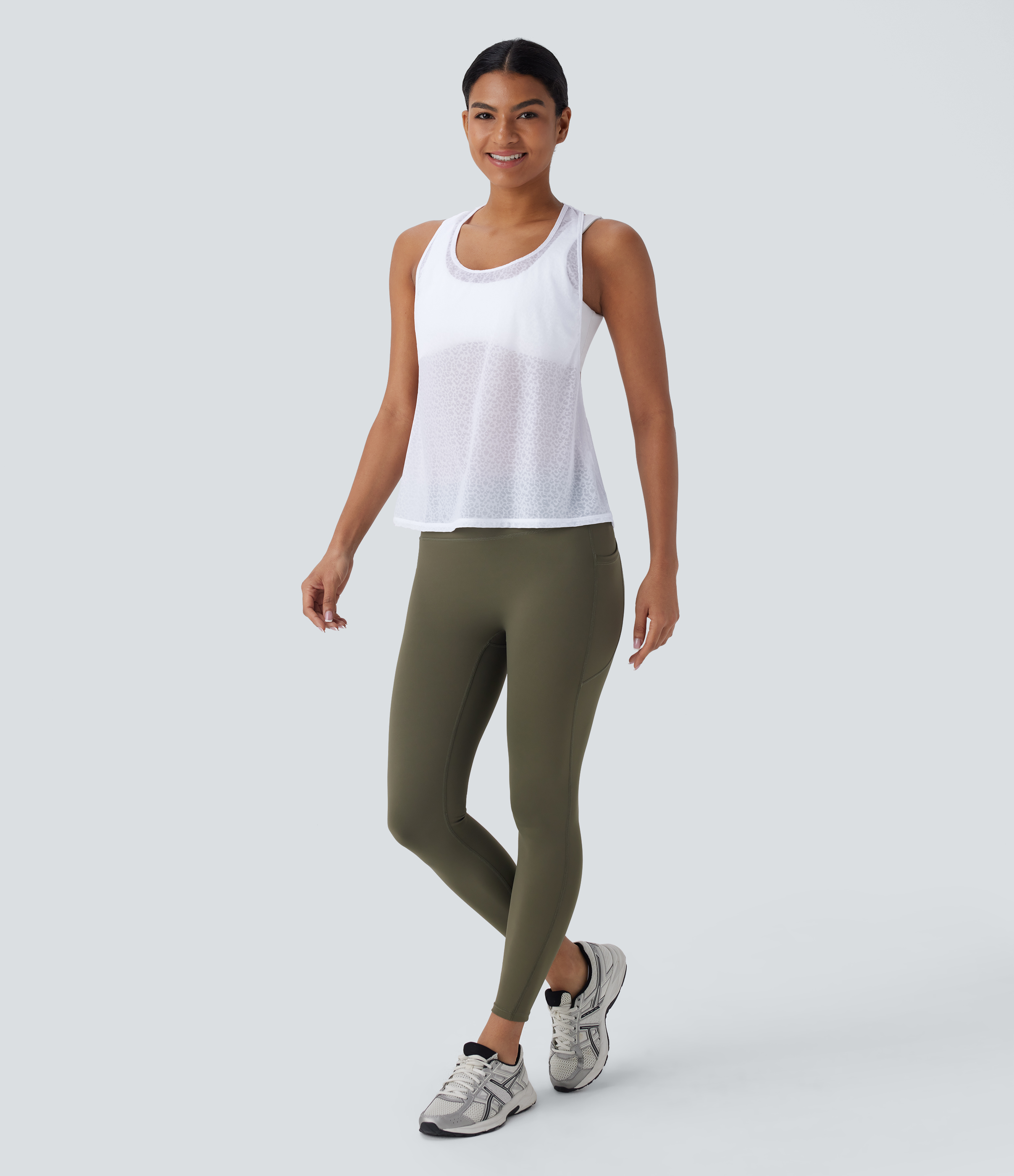 Halara Sheer Racerback Leopard Jacquard Training Tank Top Tank Top - Frost White - L golf tops halter top tunic tops sleeveless tops 