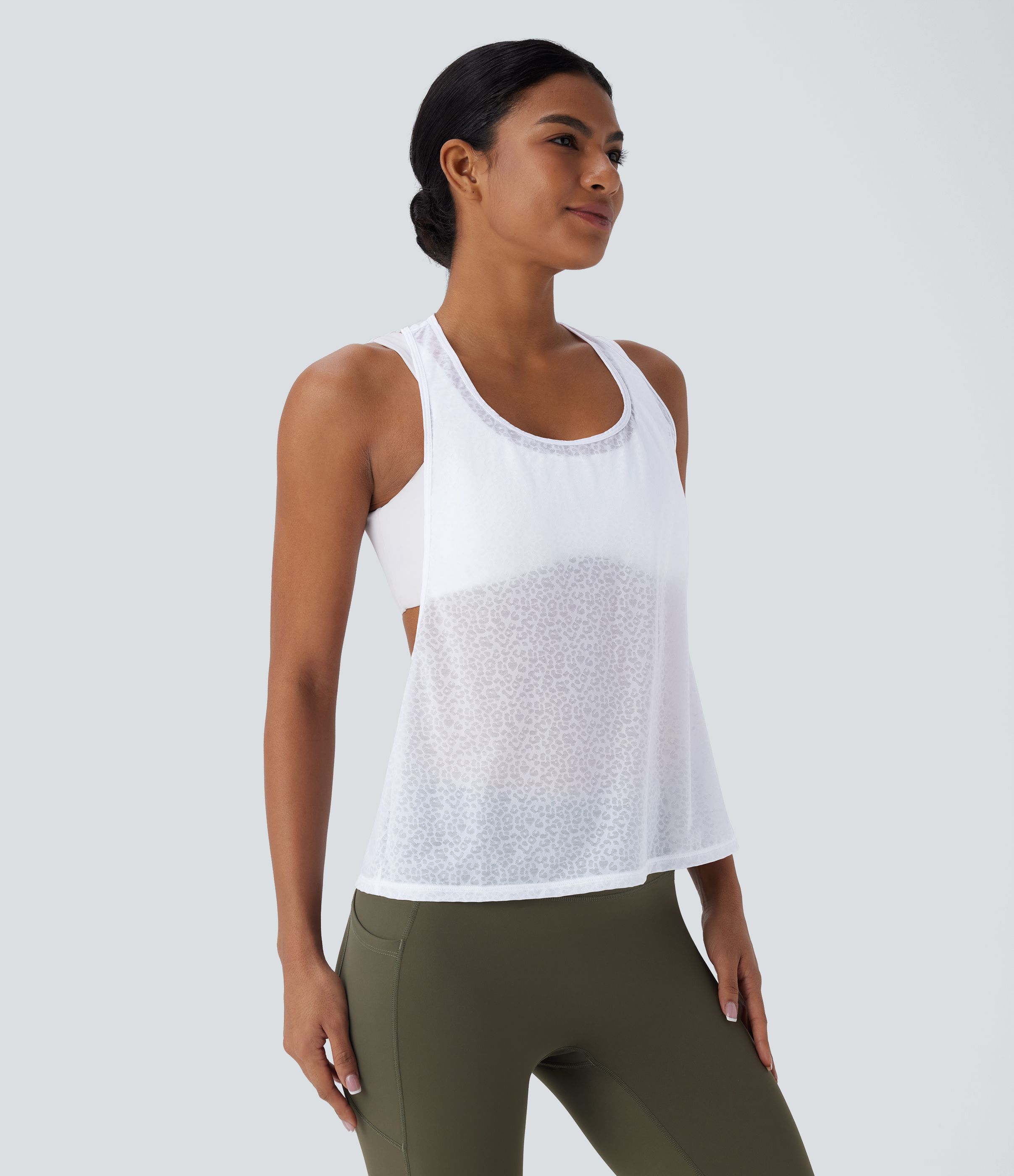 Halara Sheer Racerback Leopard Jacquard Training Tank Top Tank Top - Frost White - L golf tops halter top tunic tops sleeveless tops 