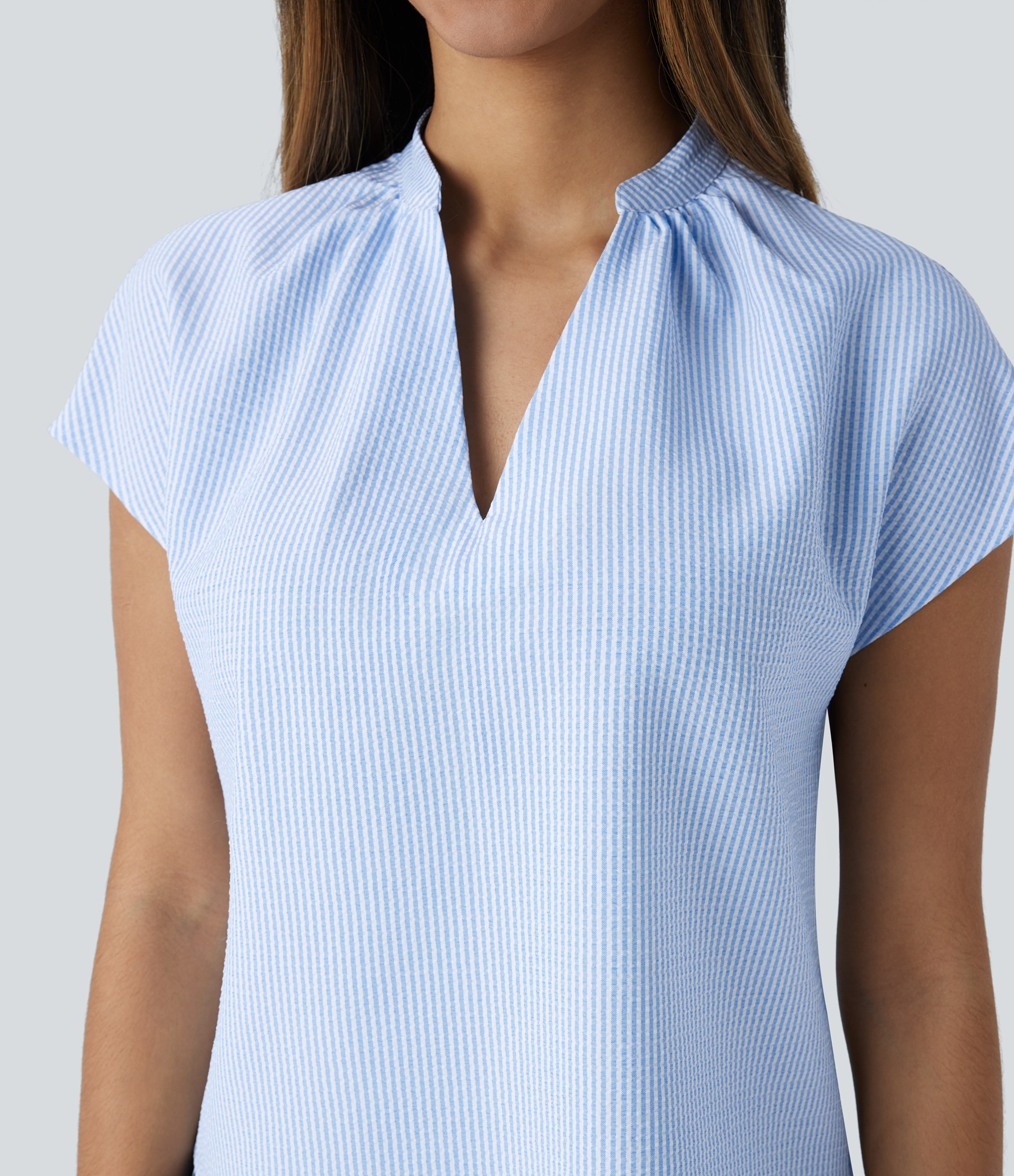 Halara V Neck Short Sleeve Curved Hem Stripe Casual Top Tank Top - Azure White Stripe - M golf tops halter top tunic tops sleeveless tops 