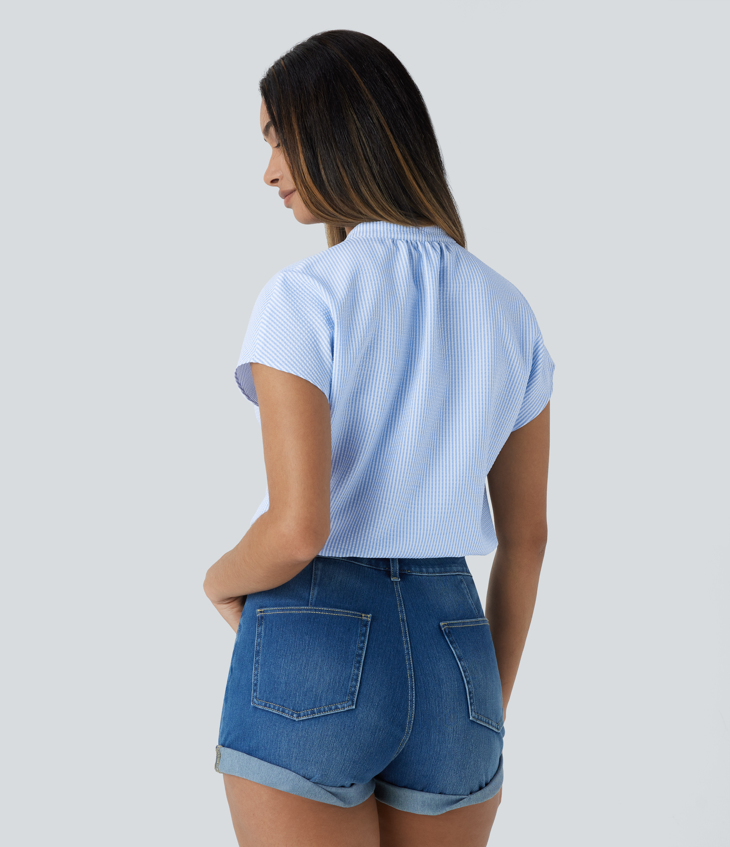 Halara V Neck Short Sleeve Curved Hem Stripe Casual Top Tank Top - Azure White Stripe - M golf tops halter top tunic tops sleeveless tops 
