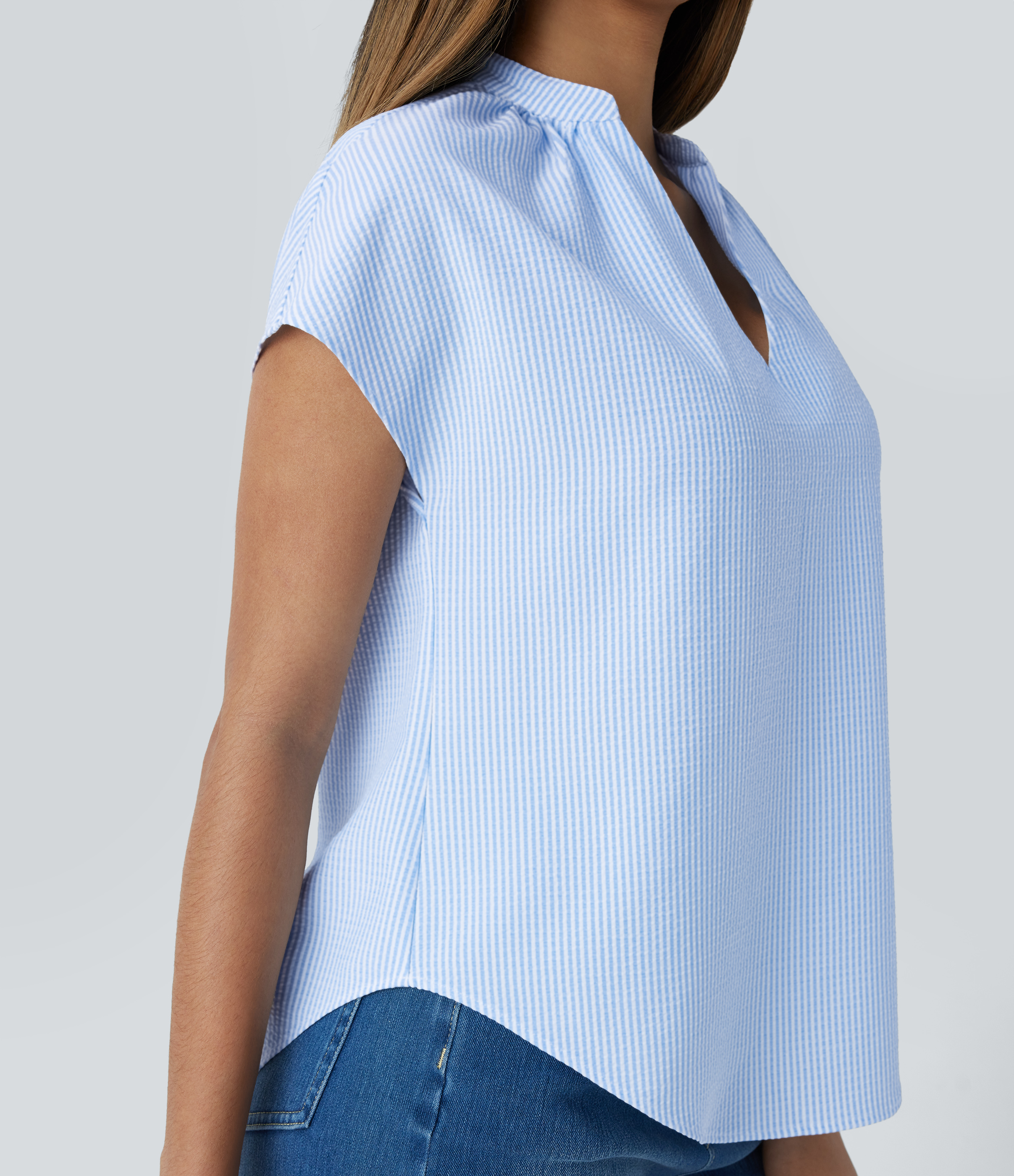 Halara V Neck Short Sleeve Curved Hem Stripe Casual Top Tank Top - Azure White Stripe - M golf tops halter top tunic tops sleeveless tops 