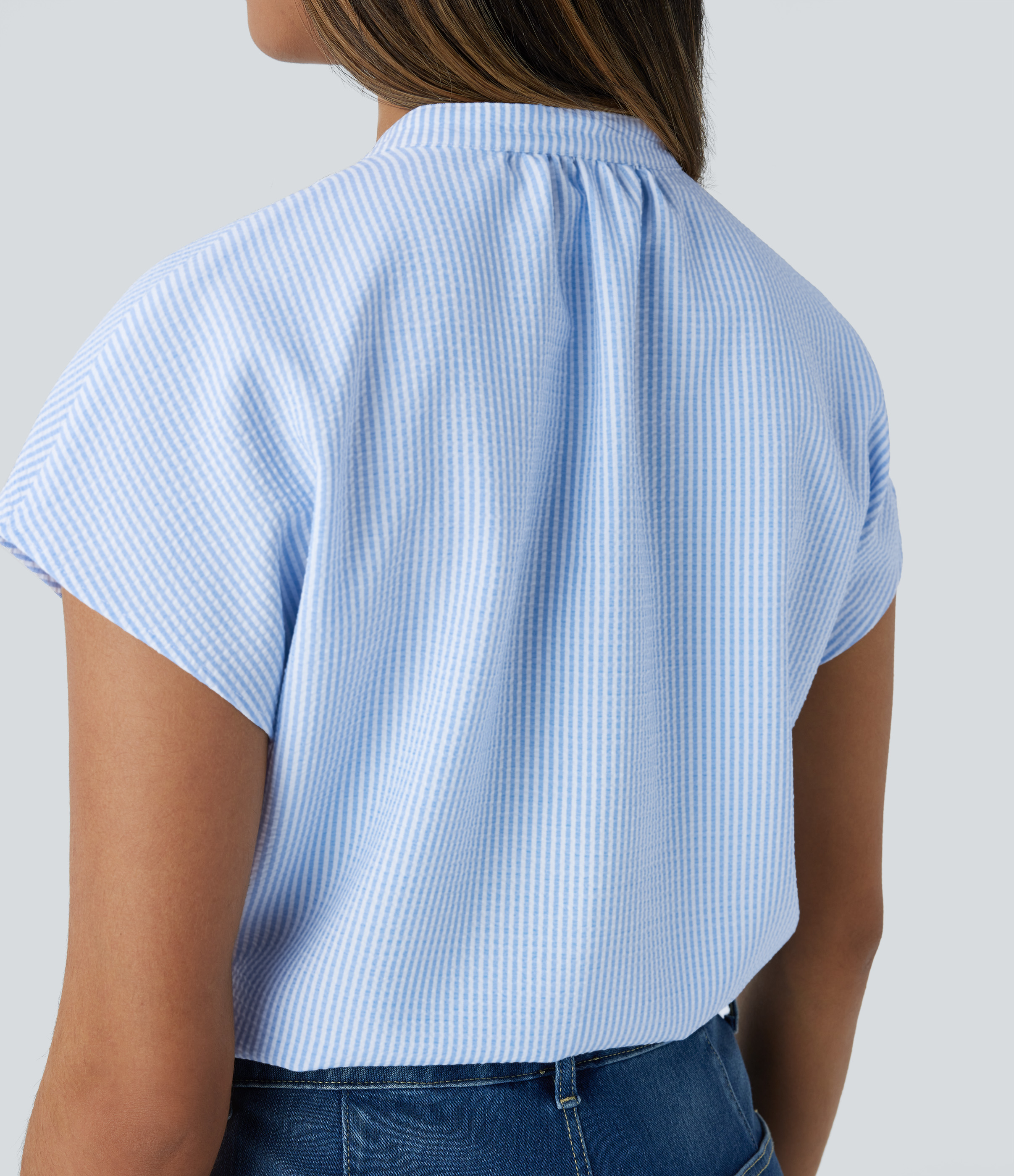 Halara V Neck Short Sleeve Curved Hem Stripe Casual Top Tank Top - Azure White Stripe - M golf tops halter top tunic tops sleeveless tops 