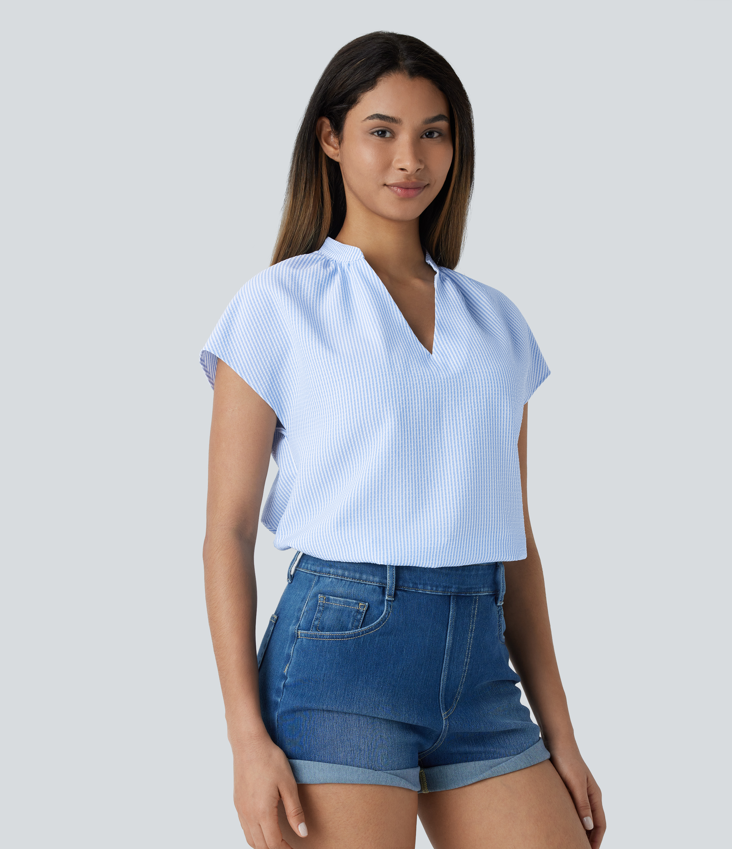 Halara V Neck Short Sleeve Curved Hem Stripe Casual Top Tank Top - Azure White Stripe - M golf tops halter top tunic tops sleeveless tops 