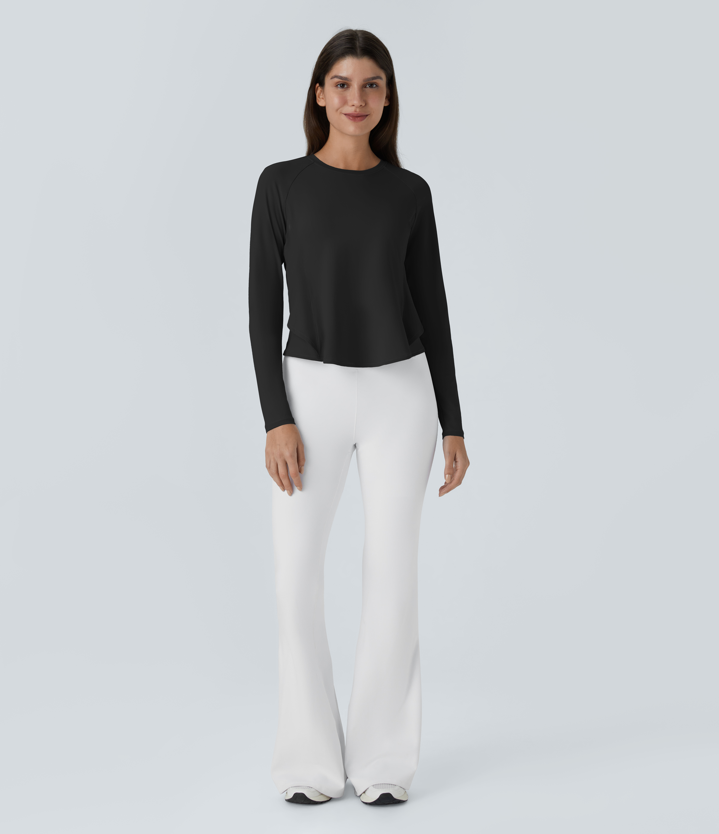 Halara Round Neck Long Sleeve Ruffle Hem Running Sports Top  - Black - S 