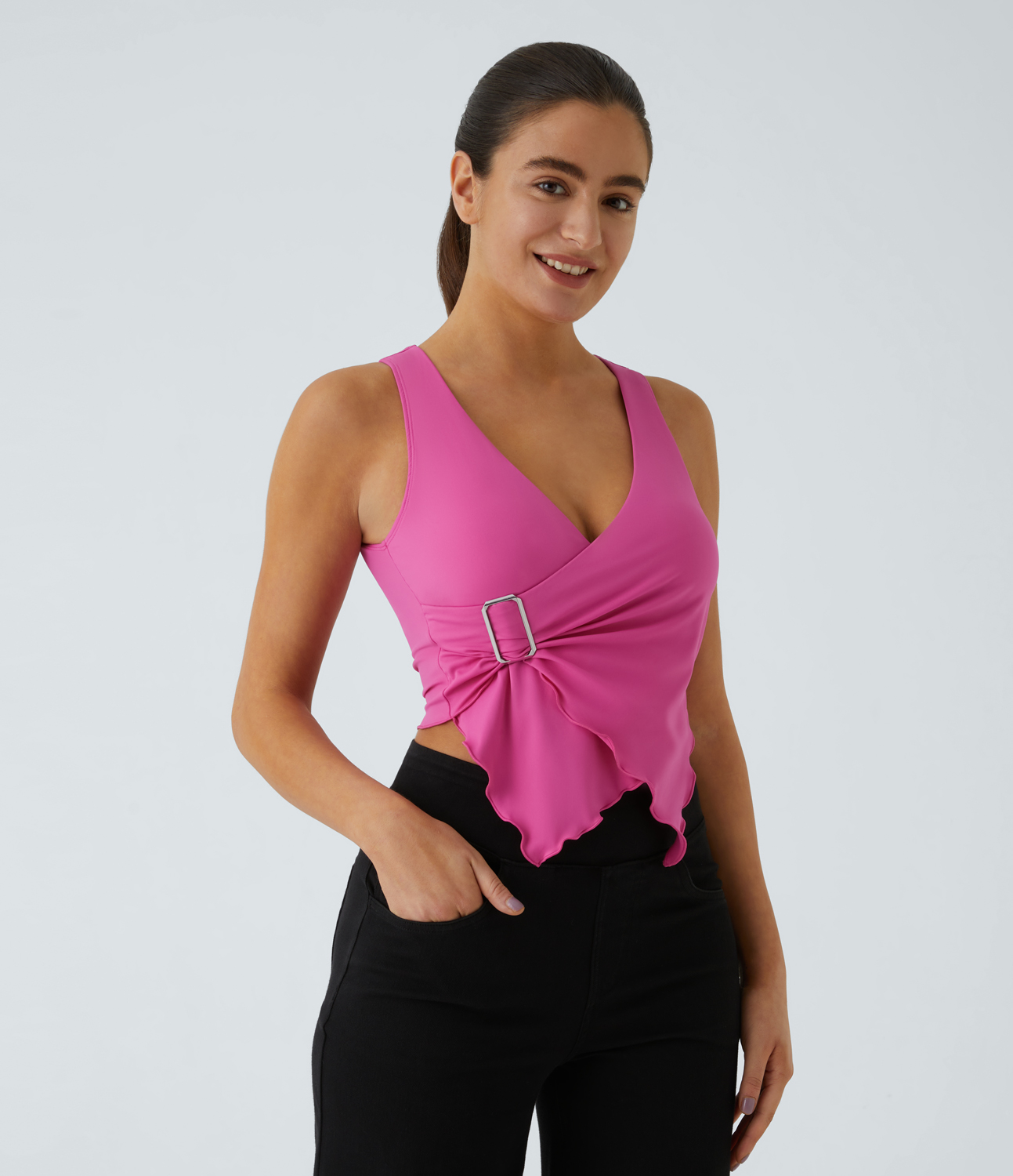 

Halara Softlyzeroв„ў Airy Deep V Neck Crossover Decorative Buckle Lettuce Trim Cool Touch Casual Vest-UPF50+ Tank Top - Fuchsia Fedora