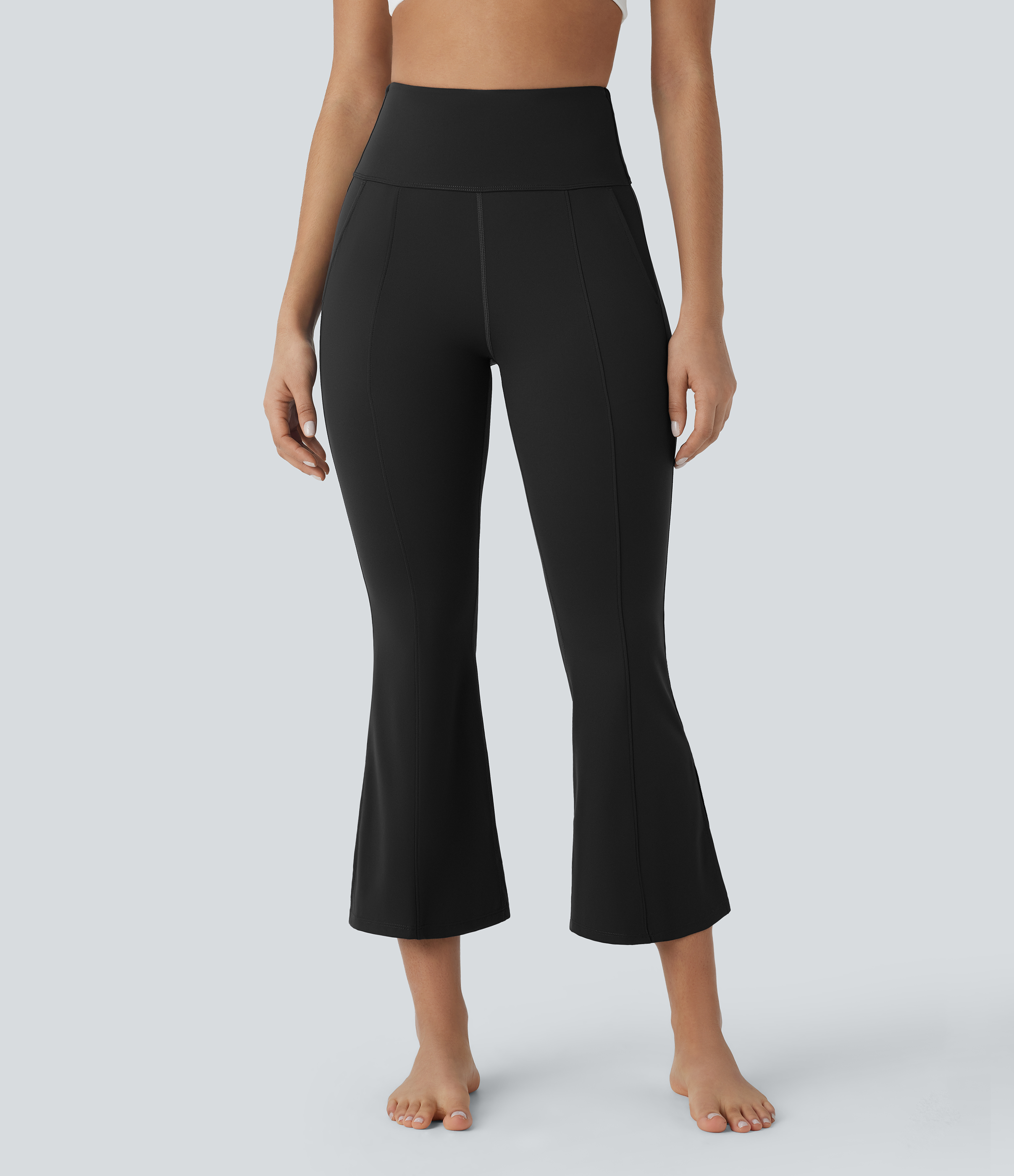 Halara High Waisted Side Pocket Split Capri Yoga Slight Flare Leggings  - Black - L(regular) gym leggings leggings with pockets 
